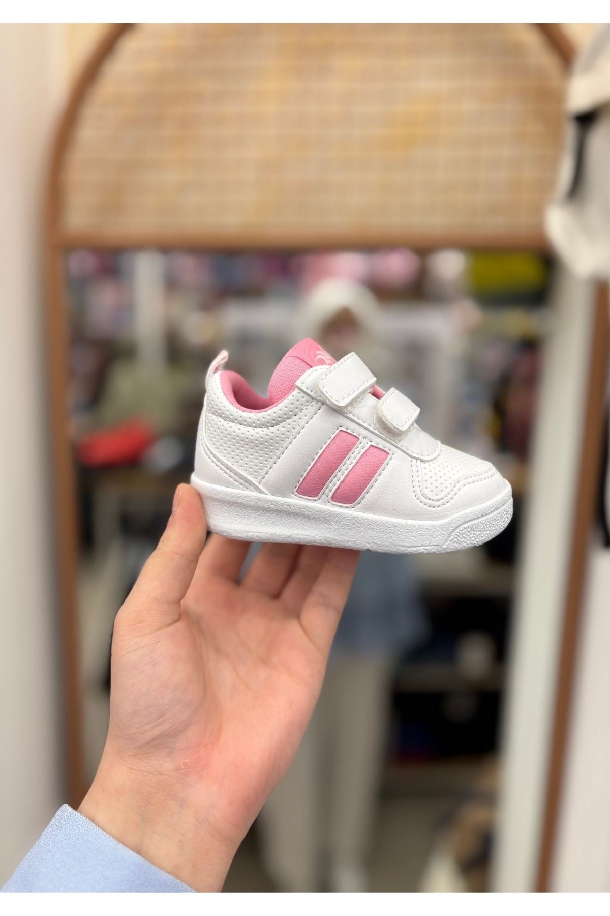 Bebek beyaz pembe çizgili ilk adım spor ayakkabı-Pembe
