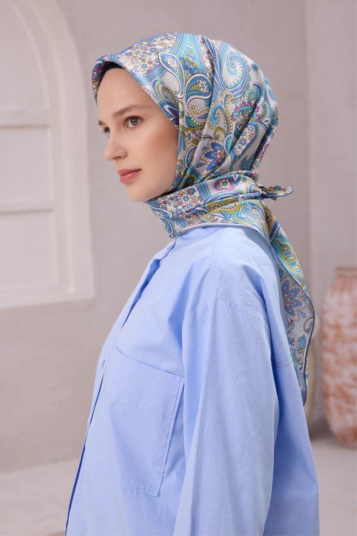 Belli Etnik Desen İpek Eşarp (Twill) - Bebe Mavisi - 32
