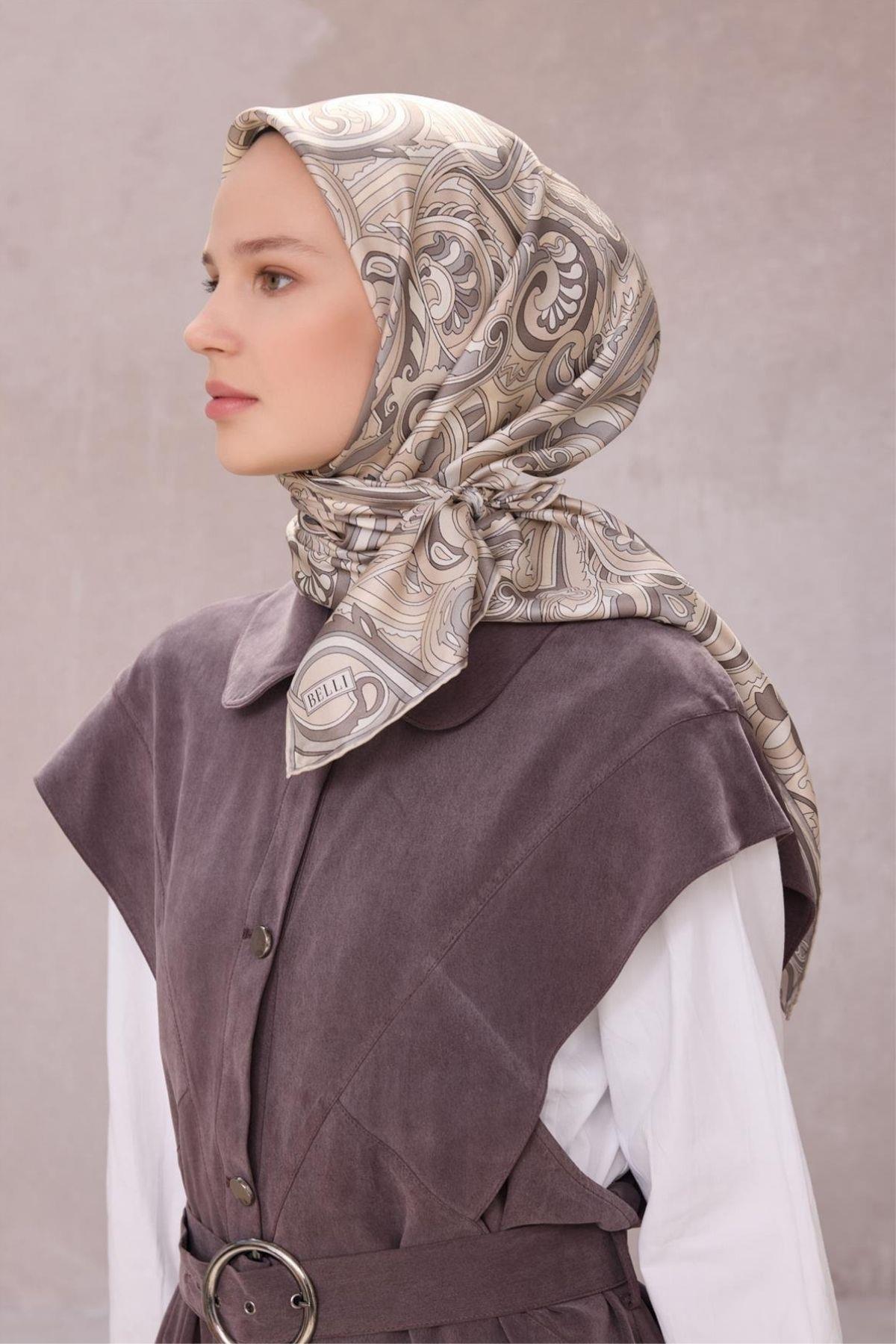 Belli Etnik Desen İpek Eşarp (Twill) - Taş - 84