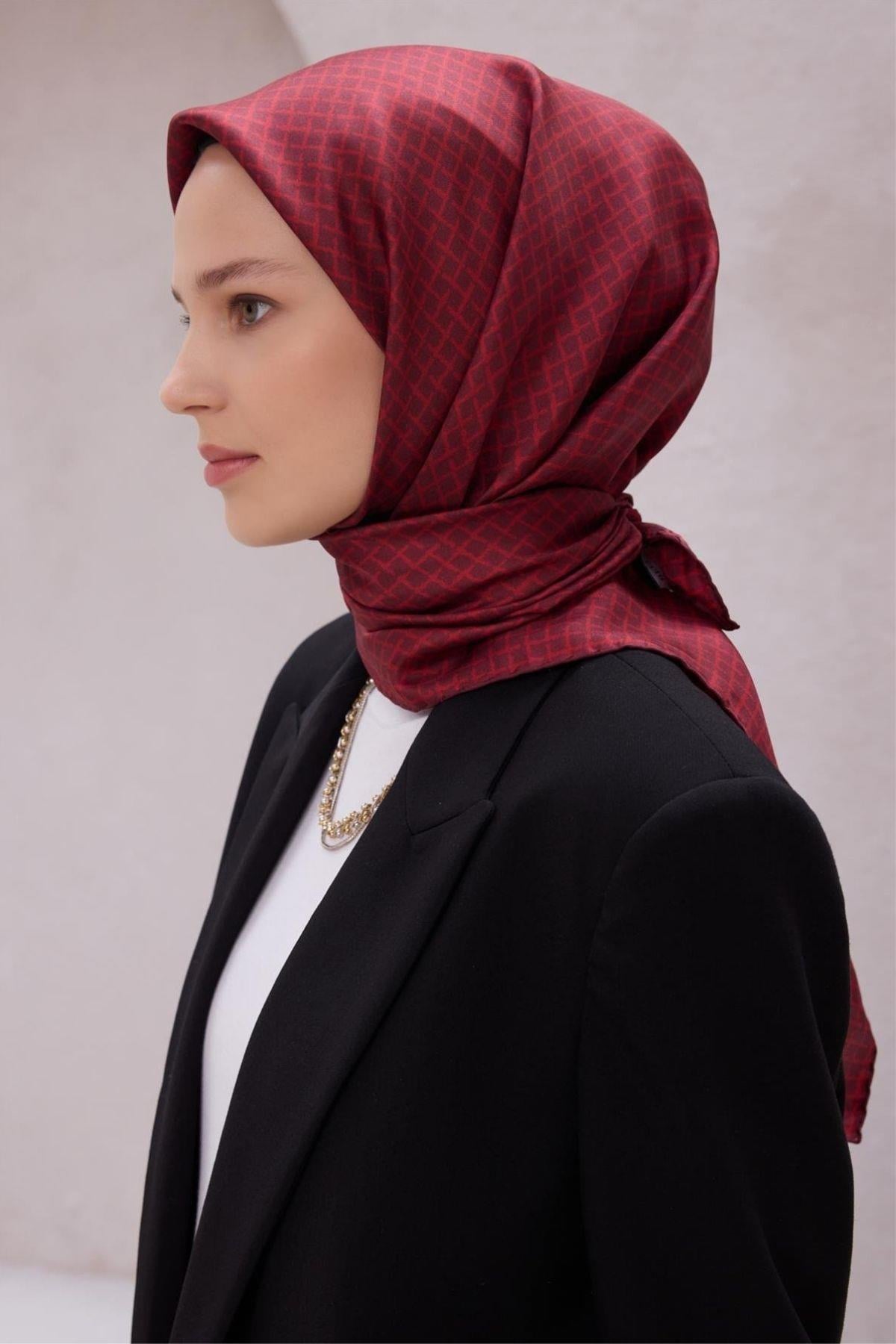 Belli Geometrik Desen İpek Eşarp (Twill) - Bordo - 01