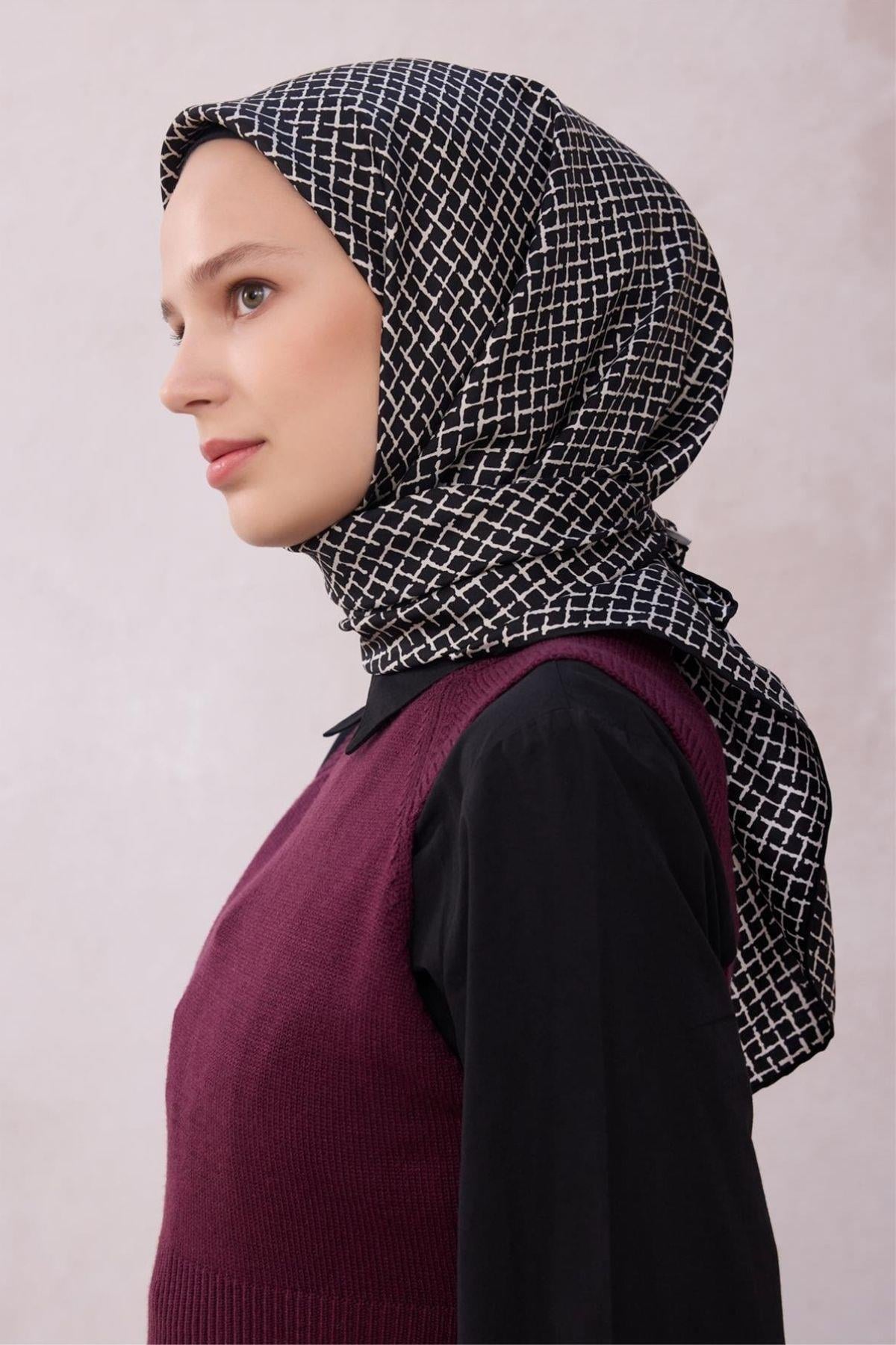 Belli Geometrik Desen İpek Eşarp (Twill) - Kahve - 03