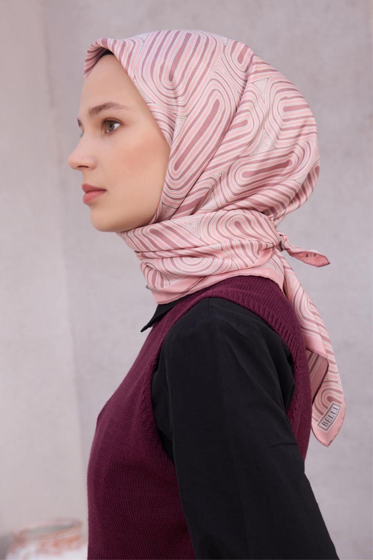 Belli Geometrik Desen İpek Eşarp (Twill) - Pudra - 03