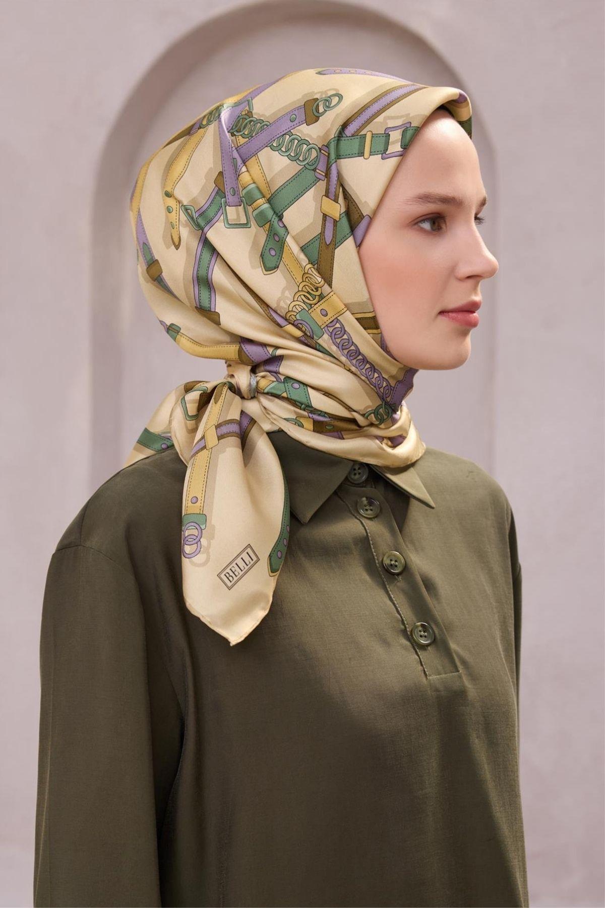 Belli Kemer Desen İpek Eşarp (Twill) - Sarı - 02