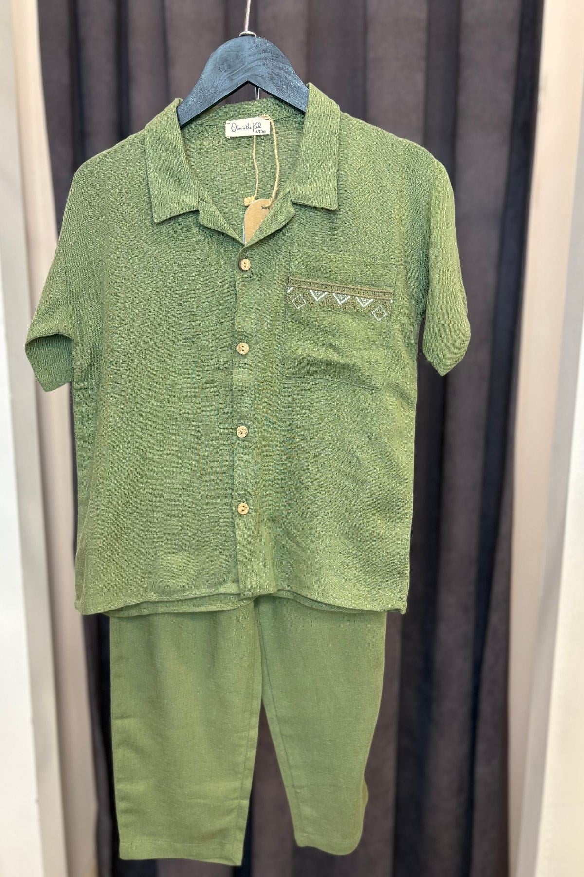 Cebi Nakış Detaylı Gömlek Pantolon Takım -Yeşi