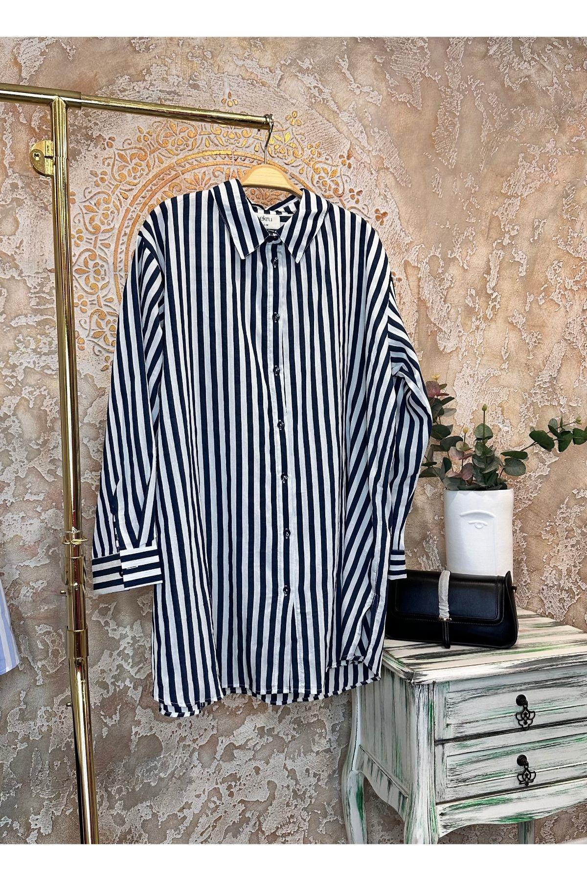 Dökümlü Çizgili Gömlek Oversize - Lacivert