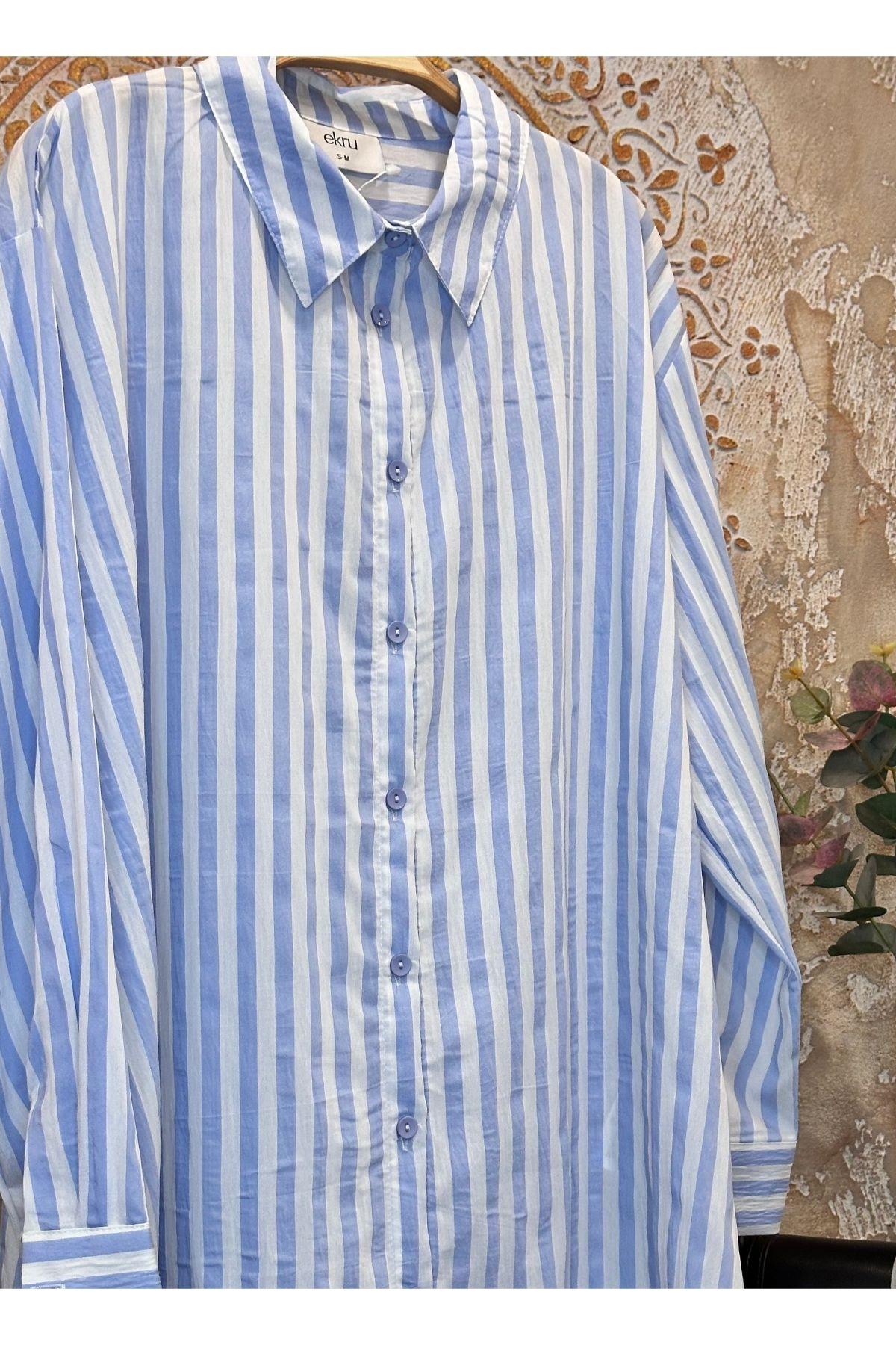 Dökümlü Çizgili Gömlek Oversize - Mavi