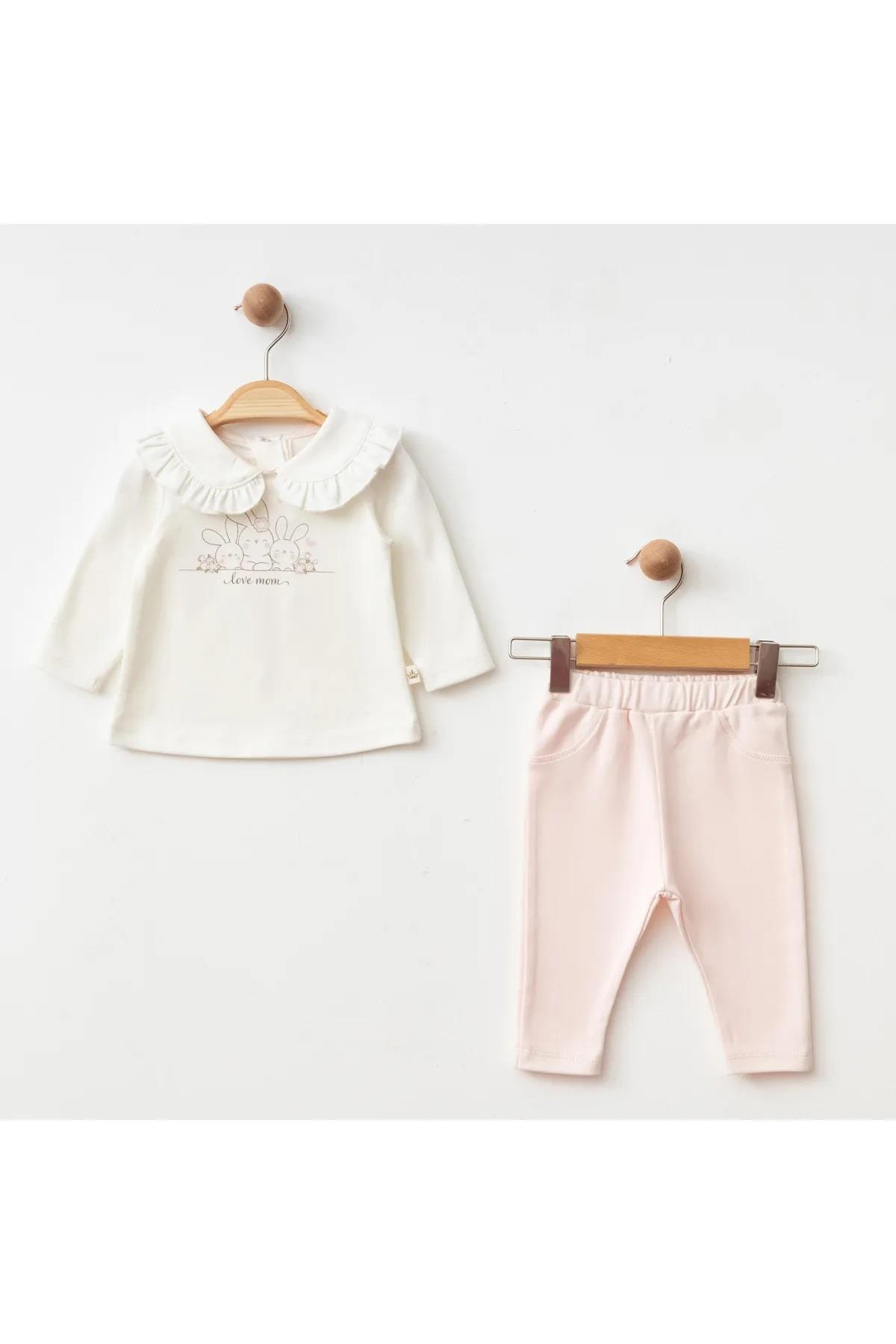 Eslenza Kız Bebek Bebe Yaka Tavşan Baskılı Sweat Ve Pantolon 2'li Takım