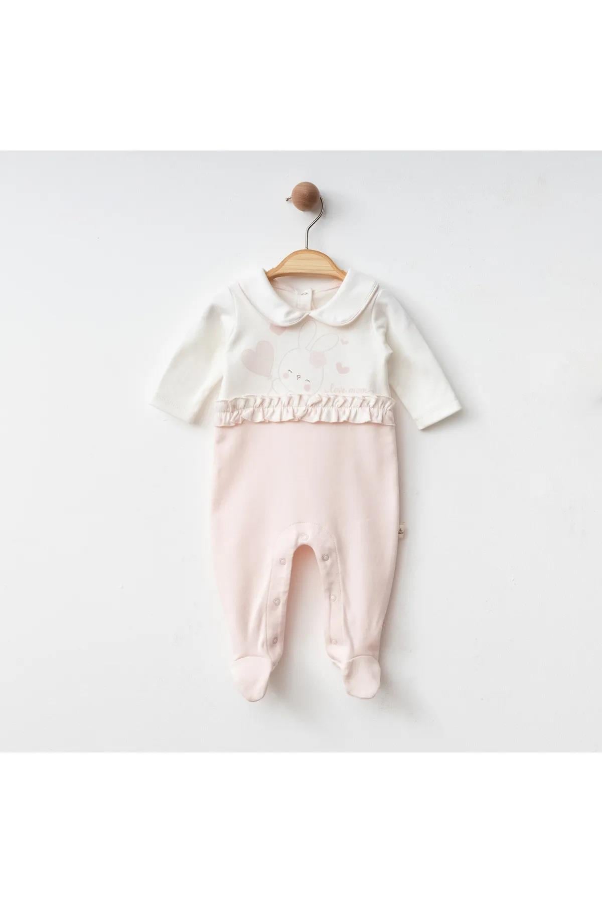 Eslenza Kız Bebek Tavşan Desenli Ayaklı Tulum - Pembe