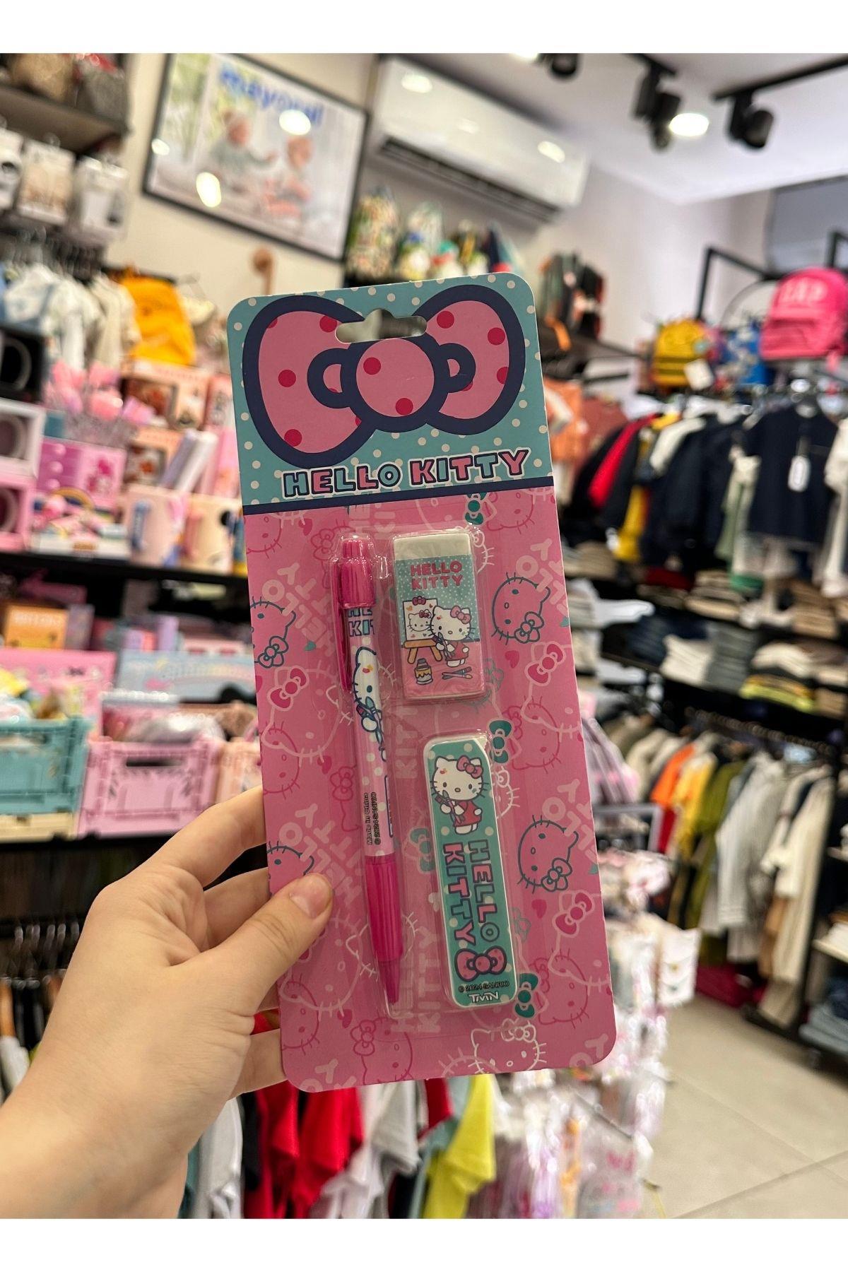 Hello Kitty 3'lü Kırtasiye Seti - 0.7mm Uclu Kalem & Silgi & Uc - Lisanslı