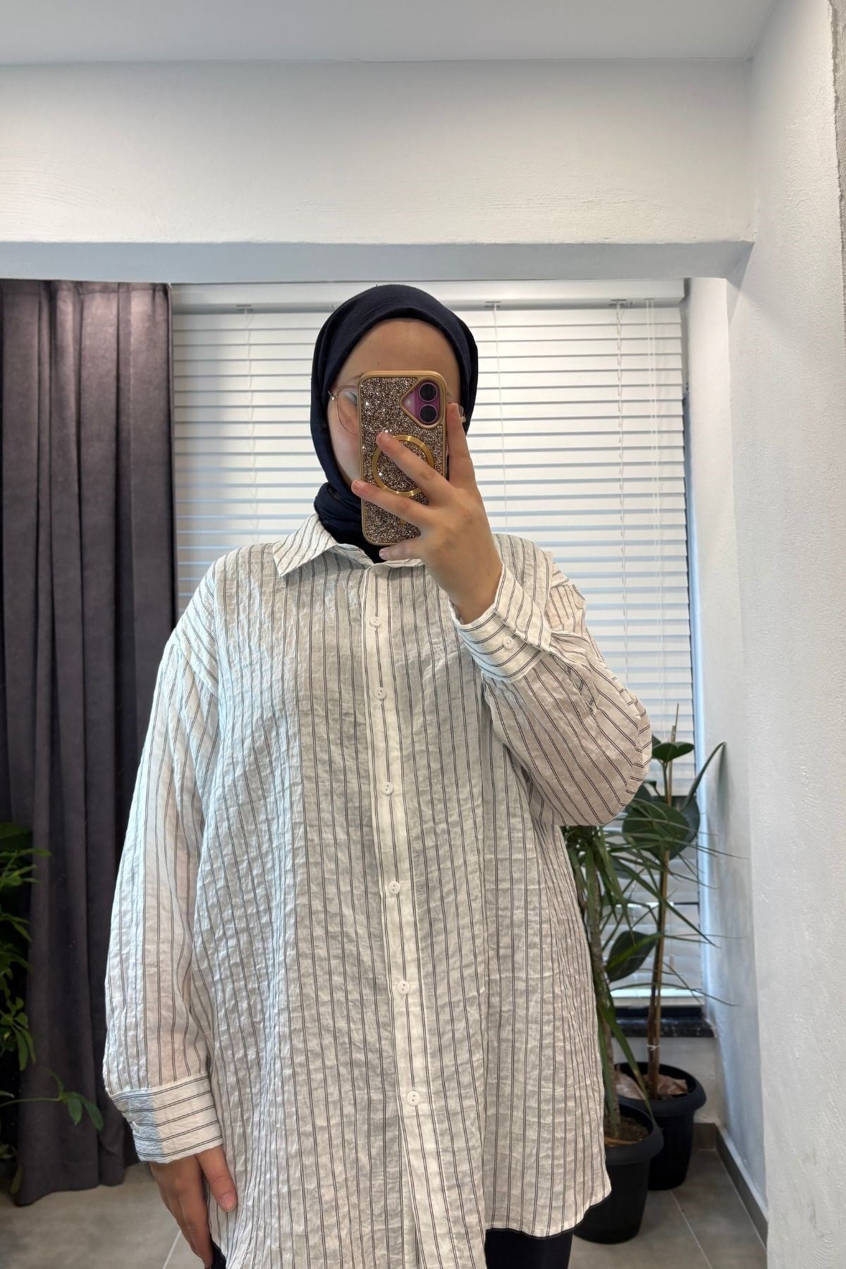 Kadın Çizgili Oversize Gömlek- Ekru