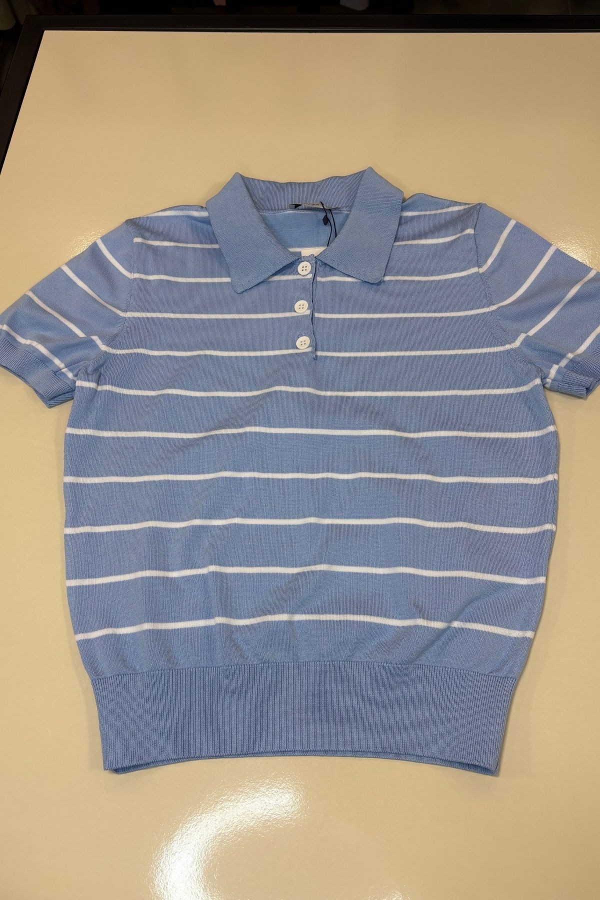 Kadın Çizgili Pola Yaka Tshirt -Mavi