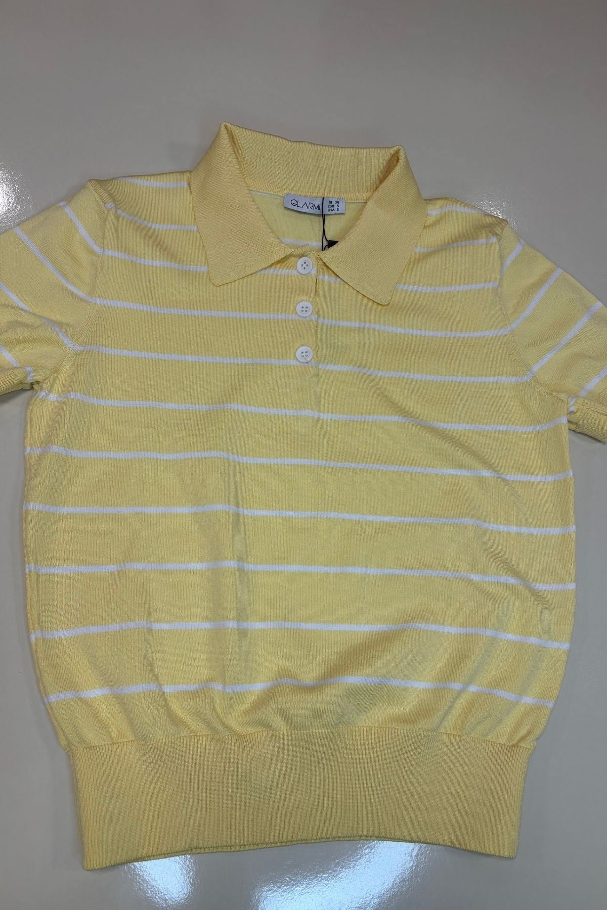 Kadın Çizgili Pola Yaka Tshirt -sarı