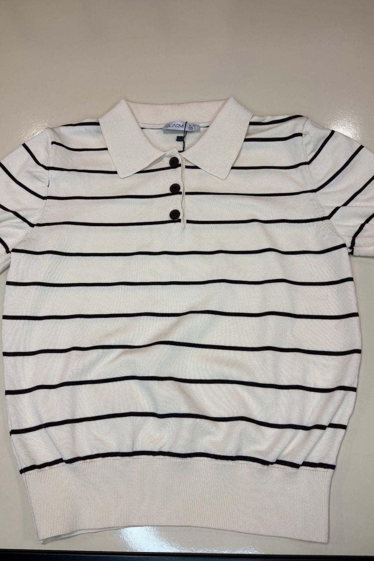 Kadın Çizgili Pola Yaka Tshirt -Tereyağı