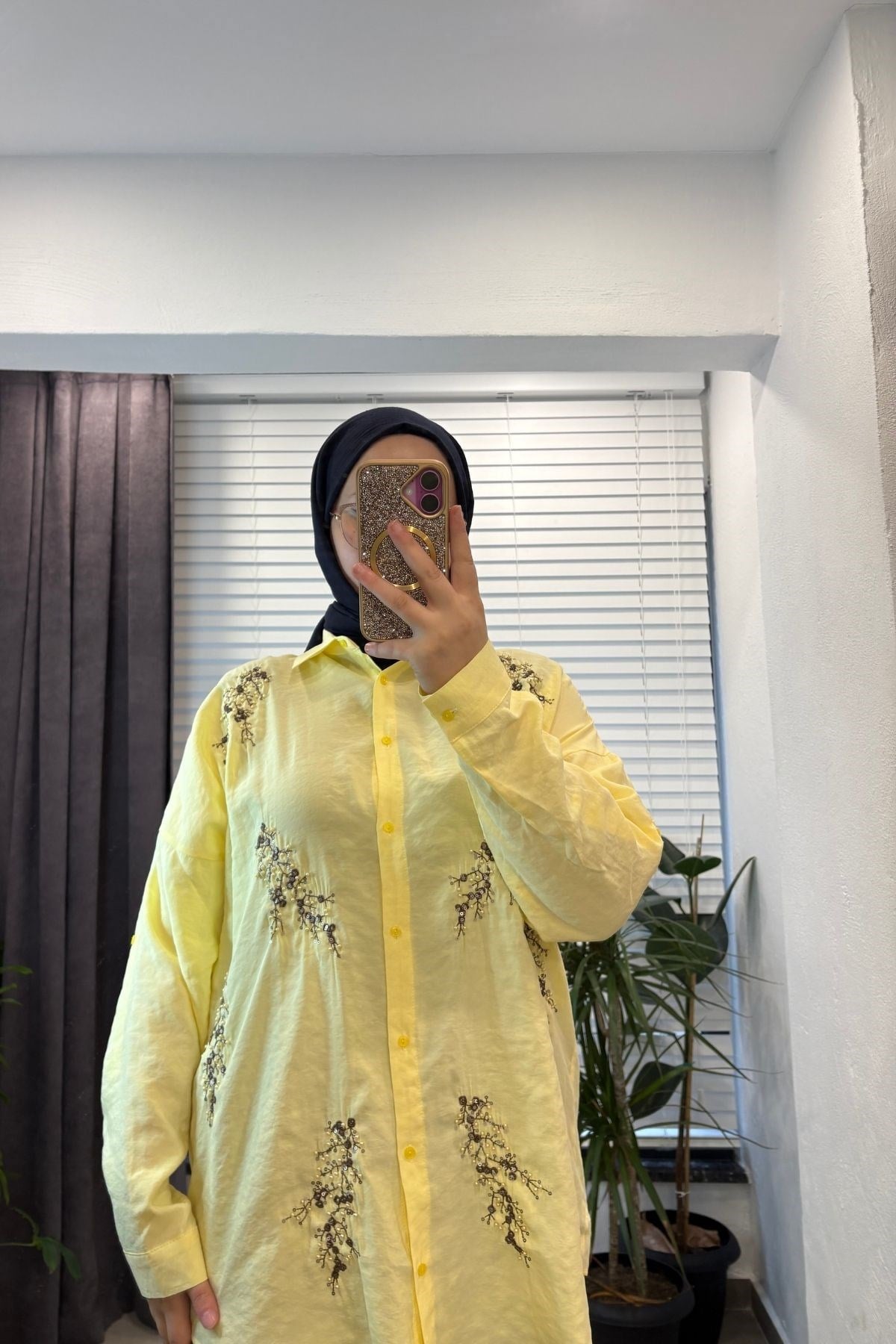 Kadın Efil Nakışlı Modal Gömlek-Sarı