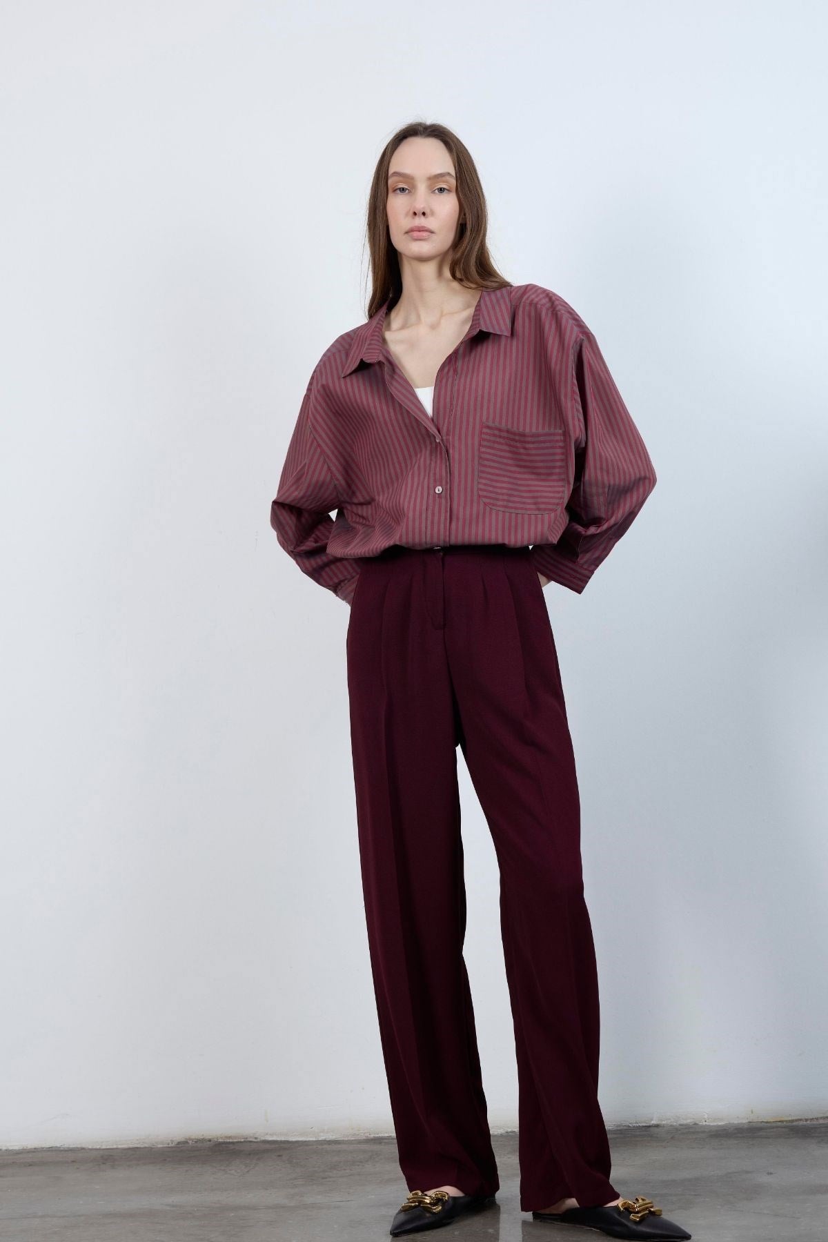 Kadın Premium Seri Beli Lastikli Bol Pallazzo Pantolon - Bordo