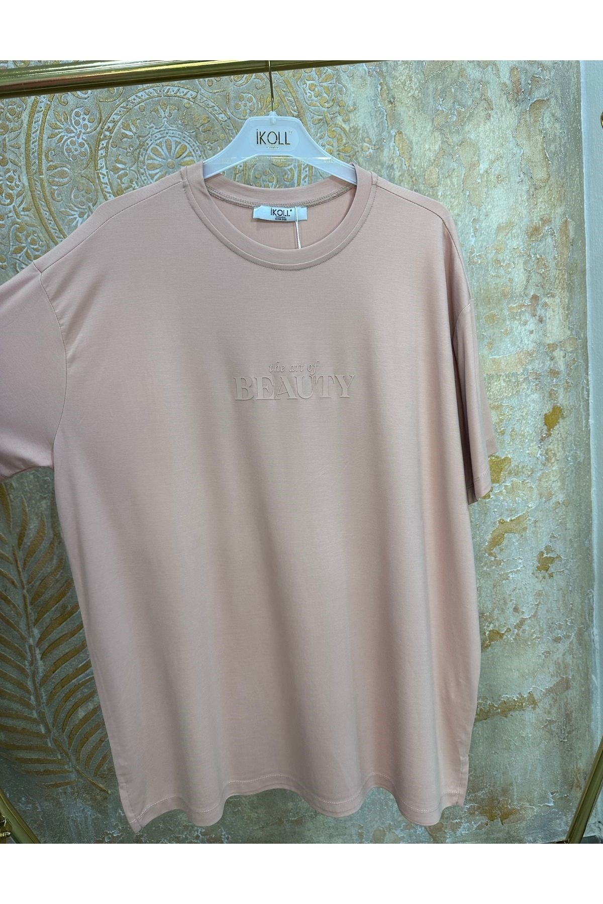 Kadın Tonoton Baskılı Basıc T-shirt -Pudra