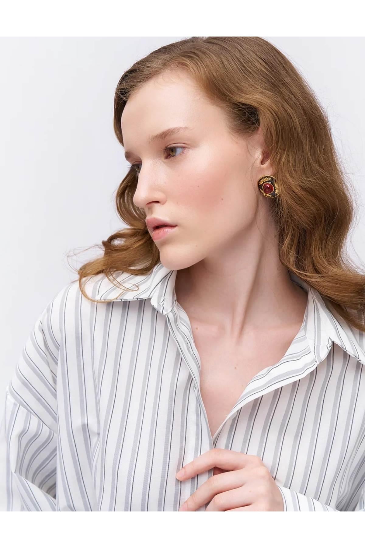 Kalın Cizgili Gömlek Oversize  - Gri