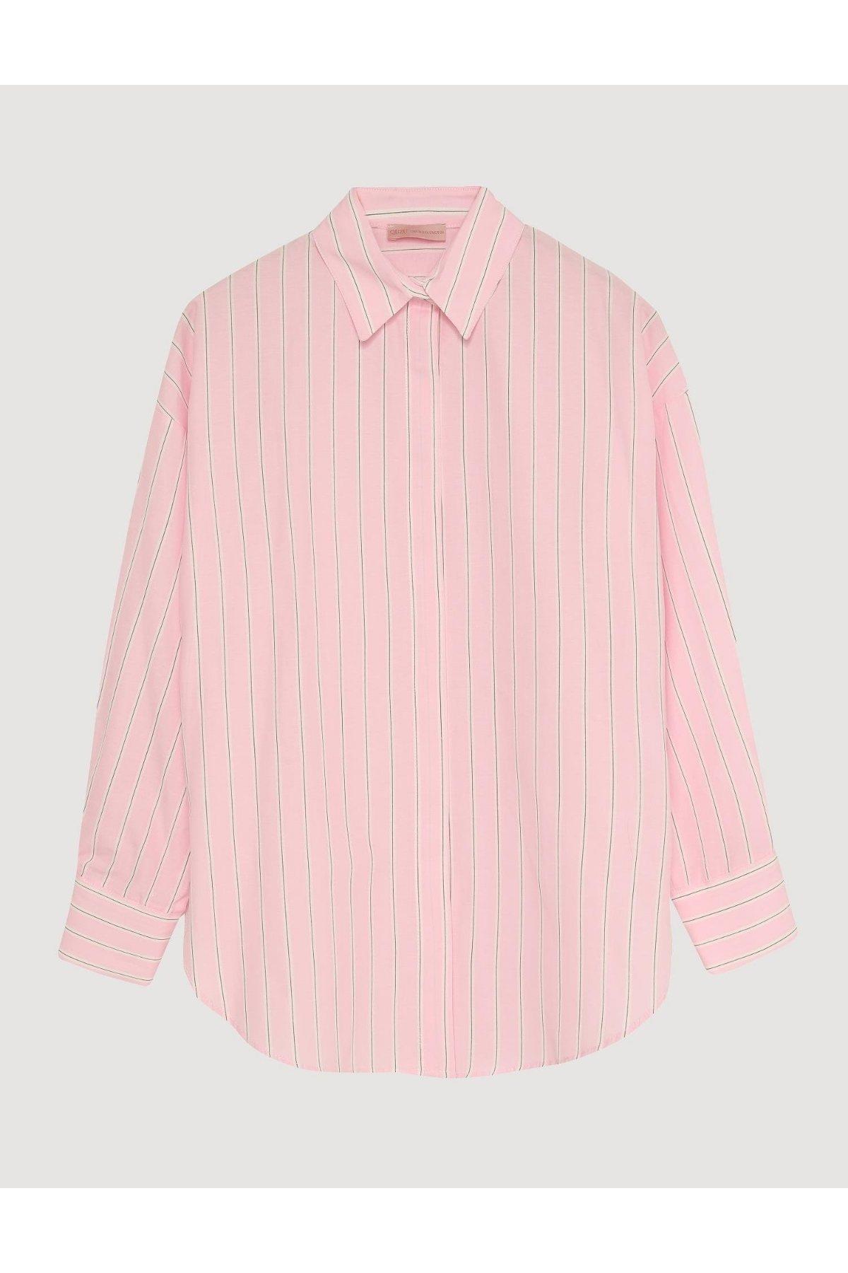 Kalın Cizgili Gömlek Oversize  -  Pembe