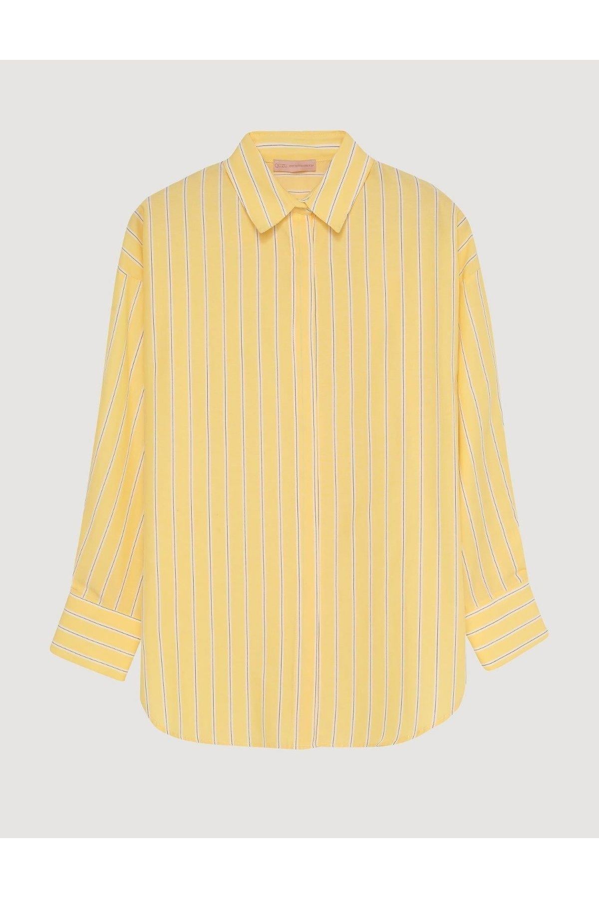 Kalın Cizgili Gömlek Oversize  -  Sarı