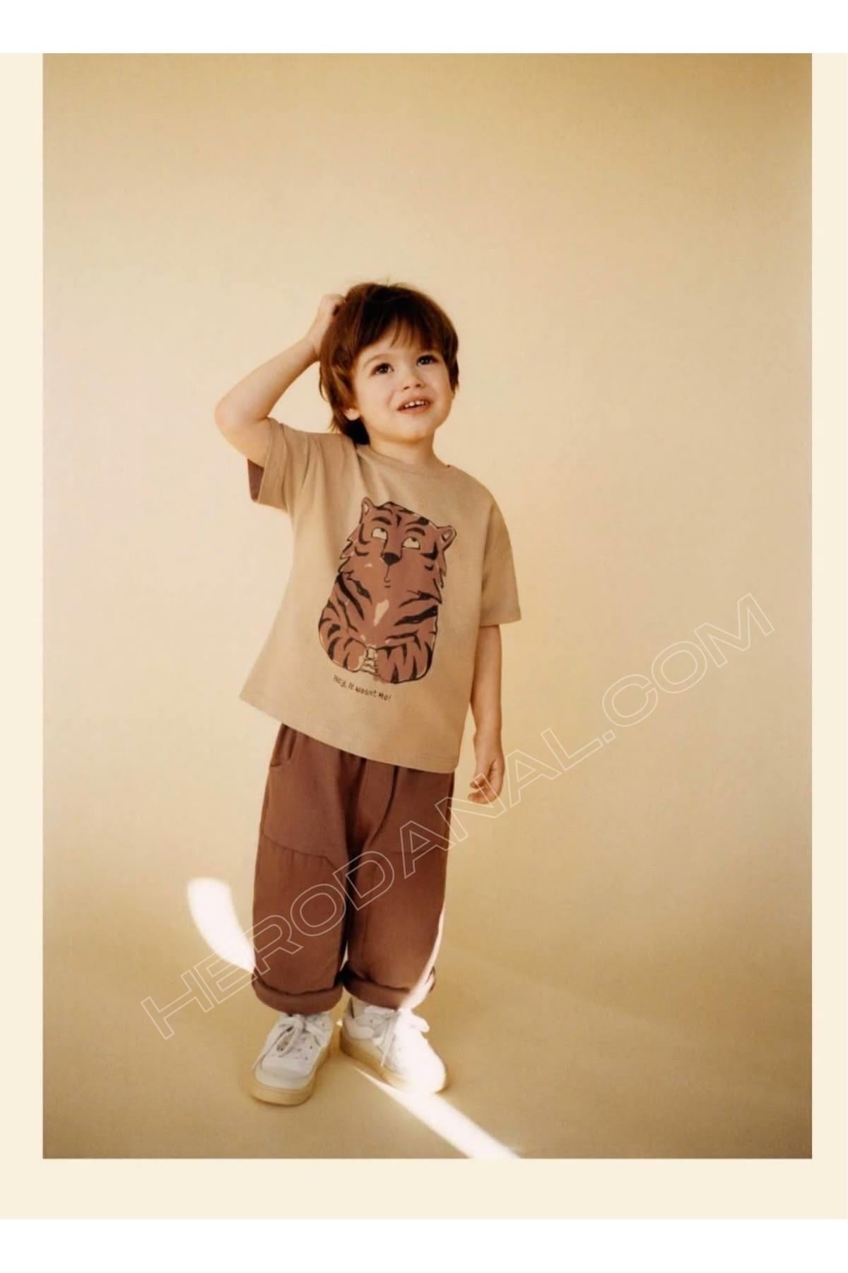 Kaplan Baskılı Çocuk Takım - Kahve