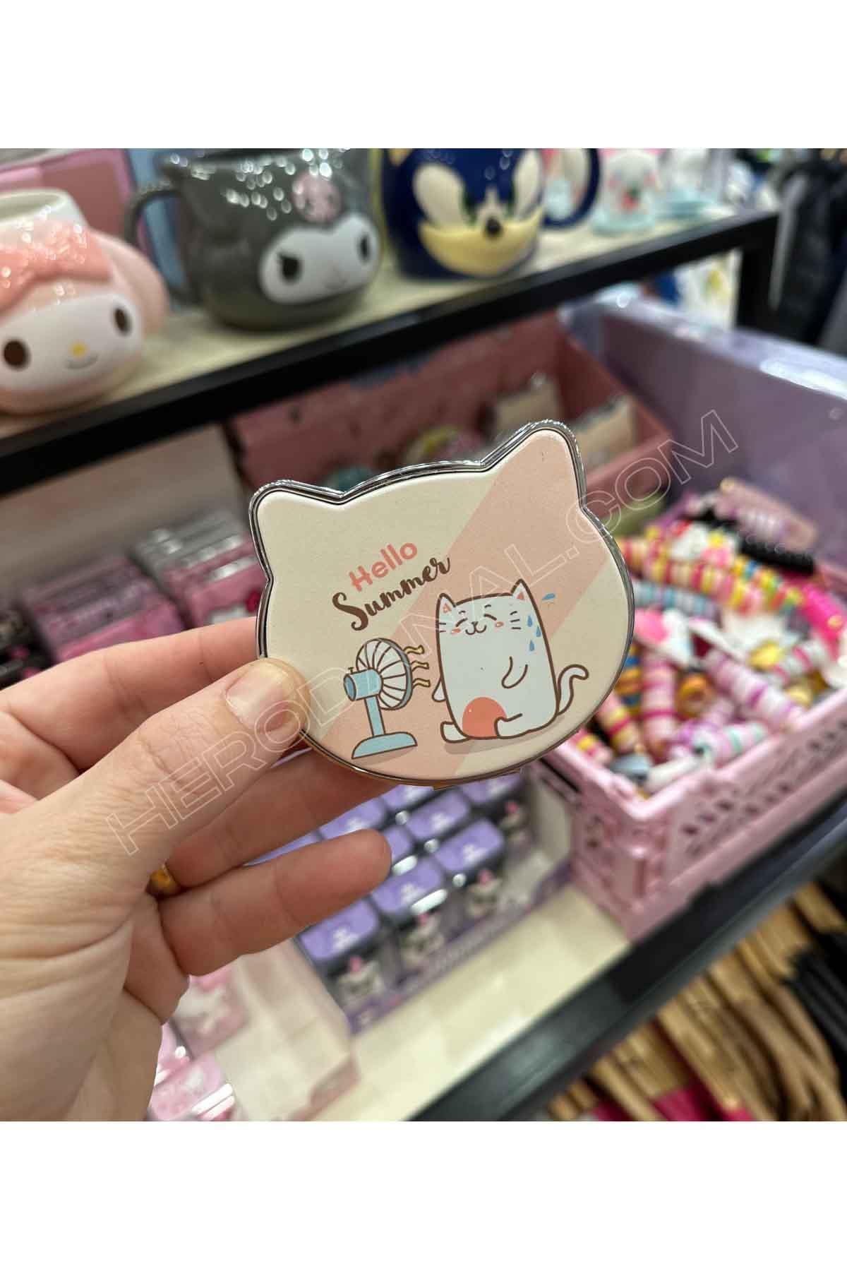 Kedi Kulak Hello Summer Yazılı Cep Aynası - Pembe