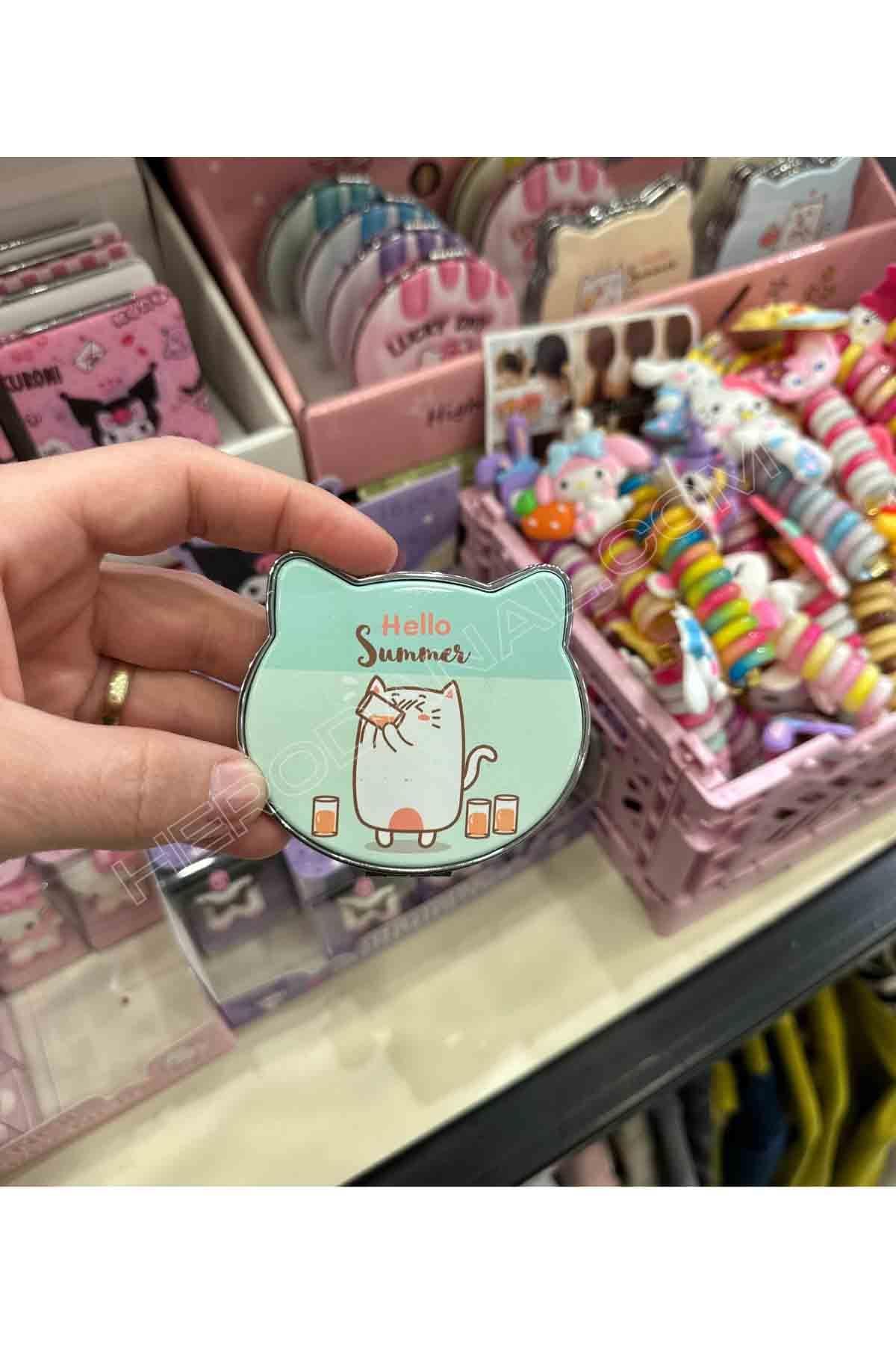 Kedi Kulak Hello Summer Yazılı Cep Aynası - Yeşil