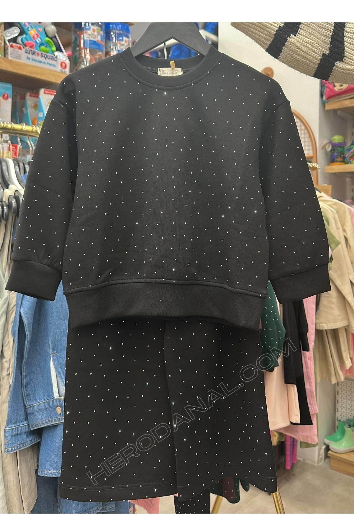 Kız Çocuk Modal Komple Taşlı Modal 2'li Takım - Siyah