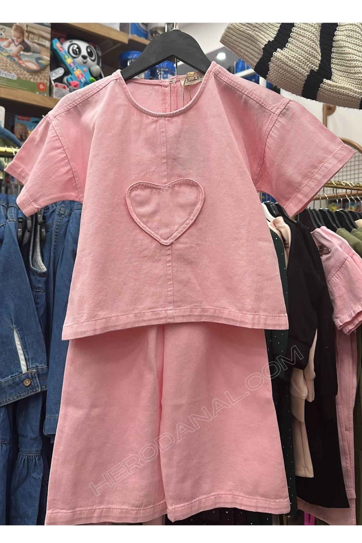 Kız Çocuk Önü Kalp Cepli 2'li Takım - Pembe