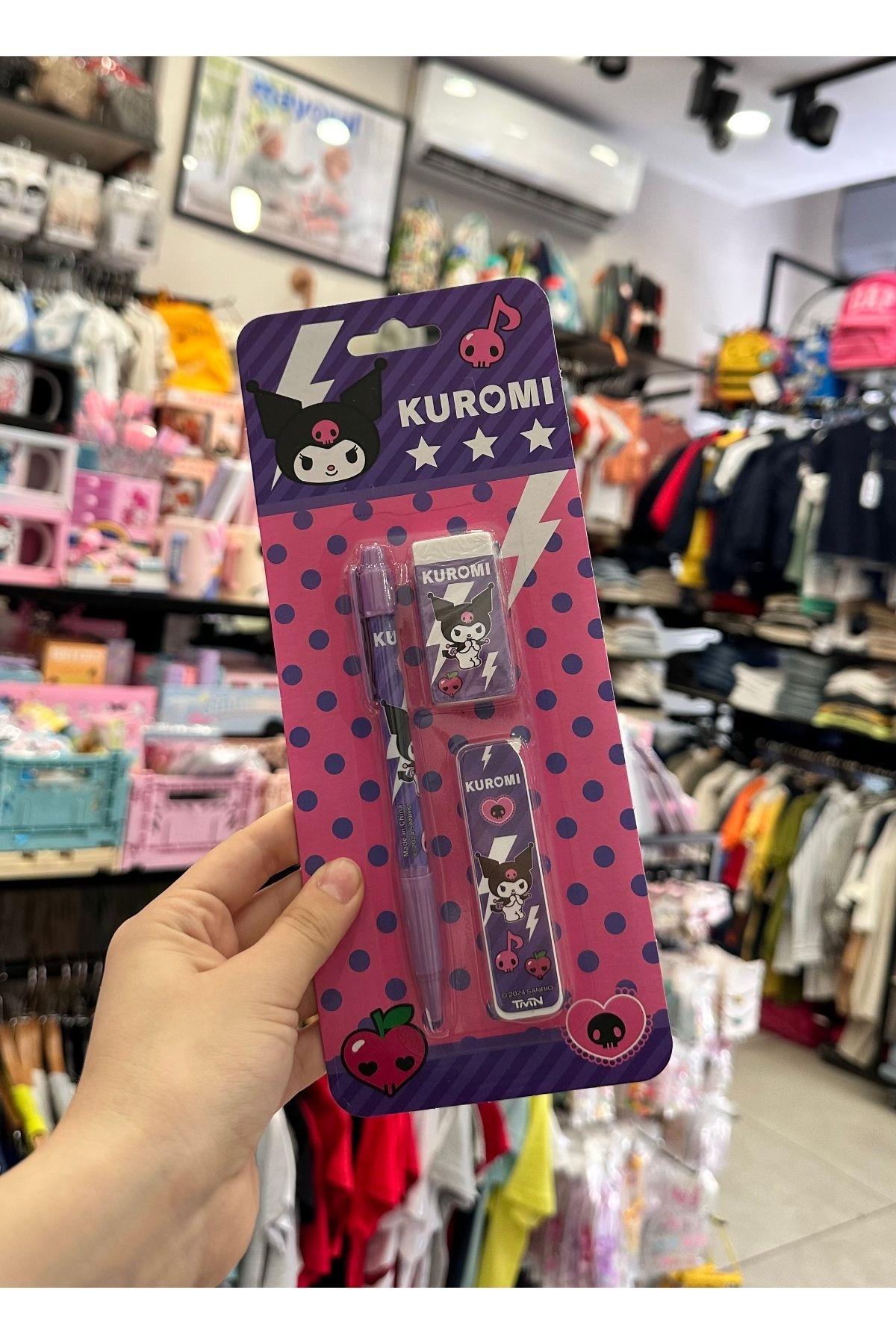 Kuromi 3'lü Kırtasiye Seti - 0.7mm Uclu Kalem & Silgi & Uc - Lisanslı