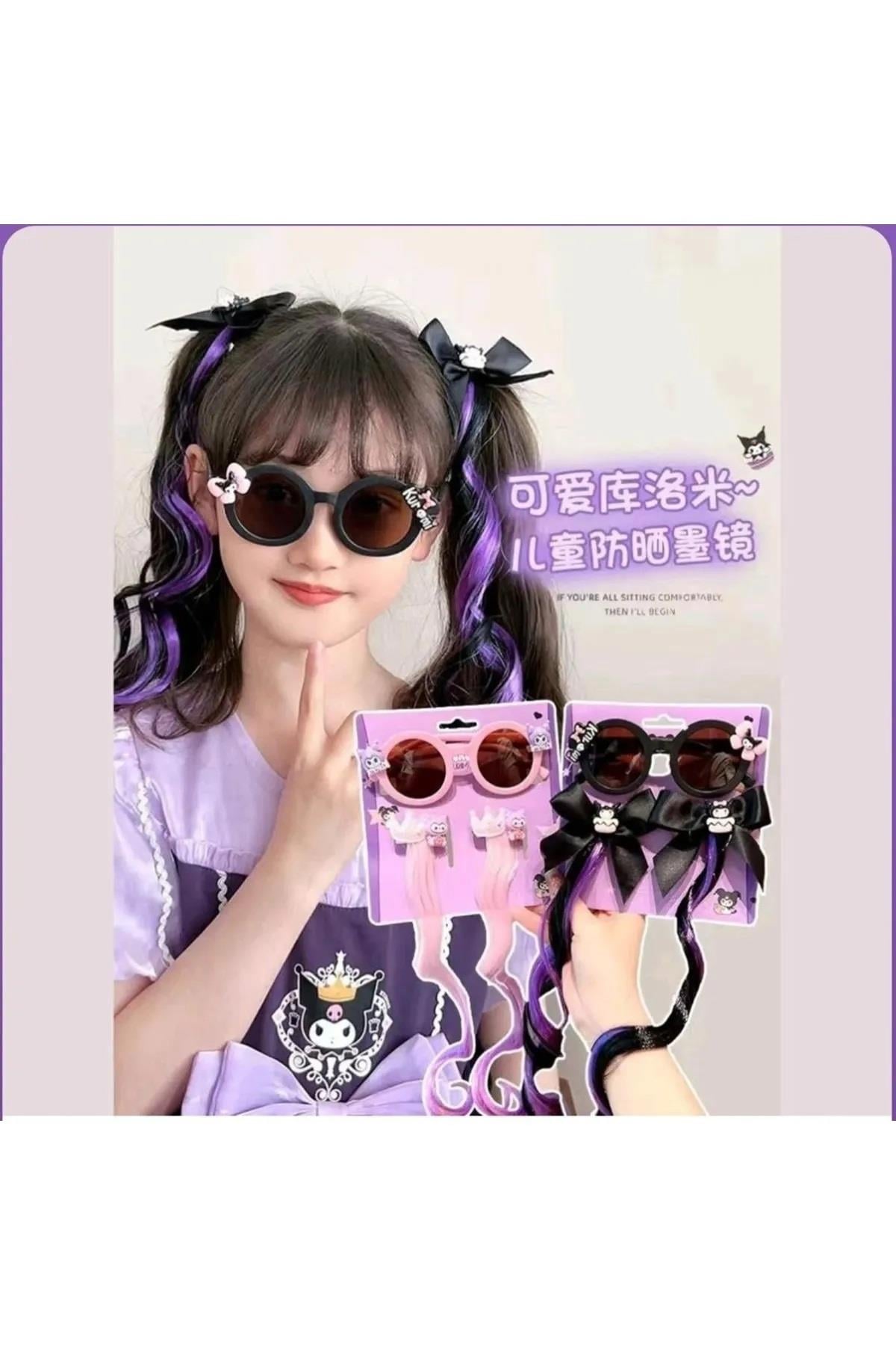 Kuromi Gözlük ve Saçlı Pens Toka Set UV400 Korumalı Güneş Gözlüğü