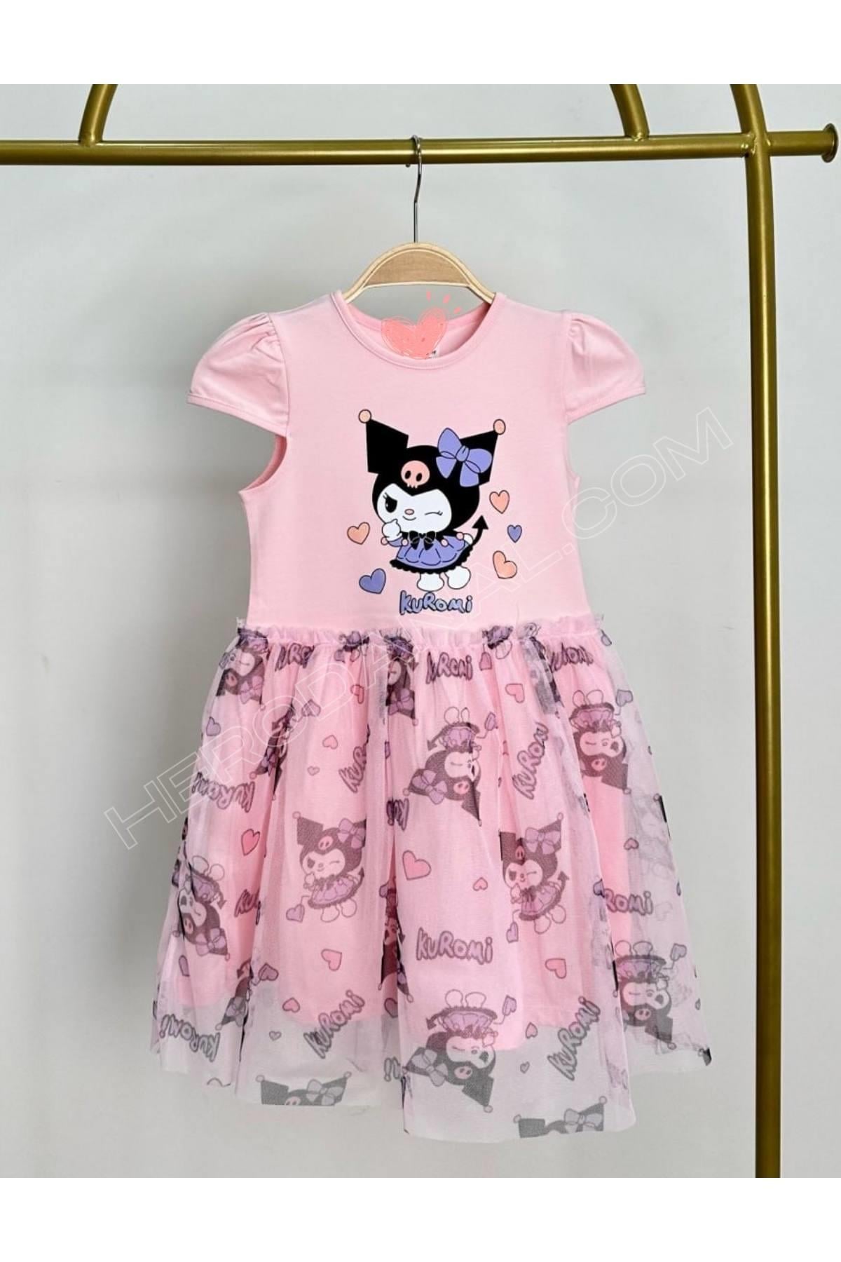 Kuromi Tütülü Penye Baskılı Elbise - Pembe