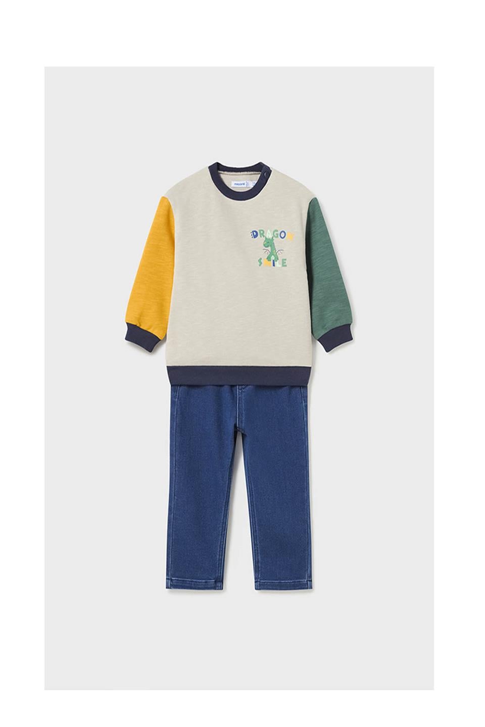 Mayoral Kışlık Erkek Bebek S-shirt Denim Pantolon 2'li Set Krem
