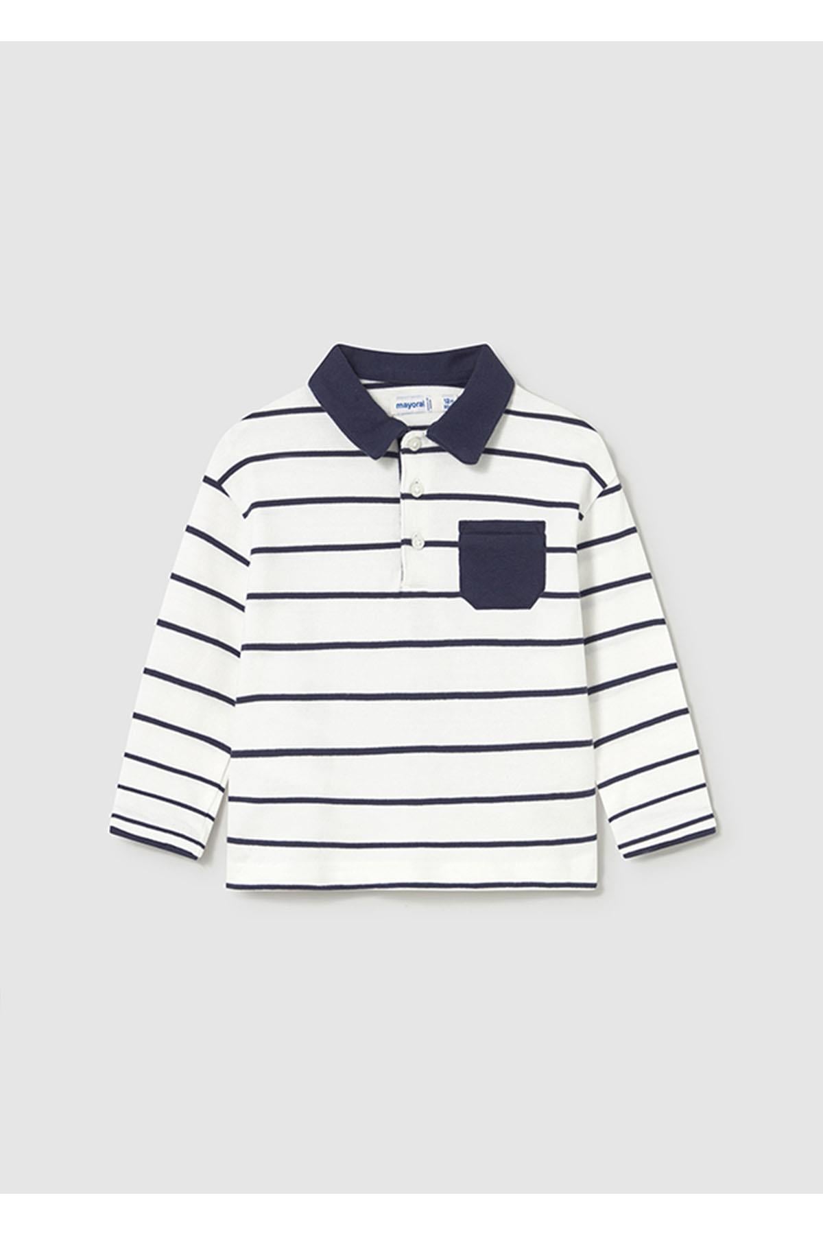 Mayoral Kışlık Erkek Bebek Uzun Kol Polo Yaka Tshirt - Lacivert Çizgili - Krem