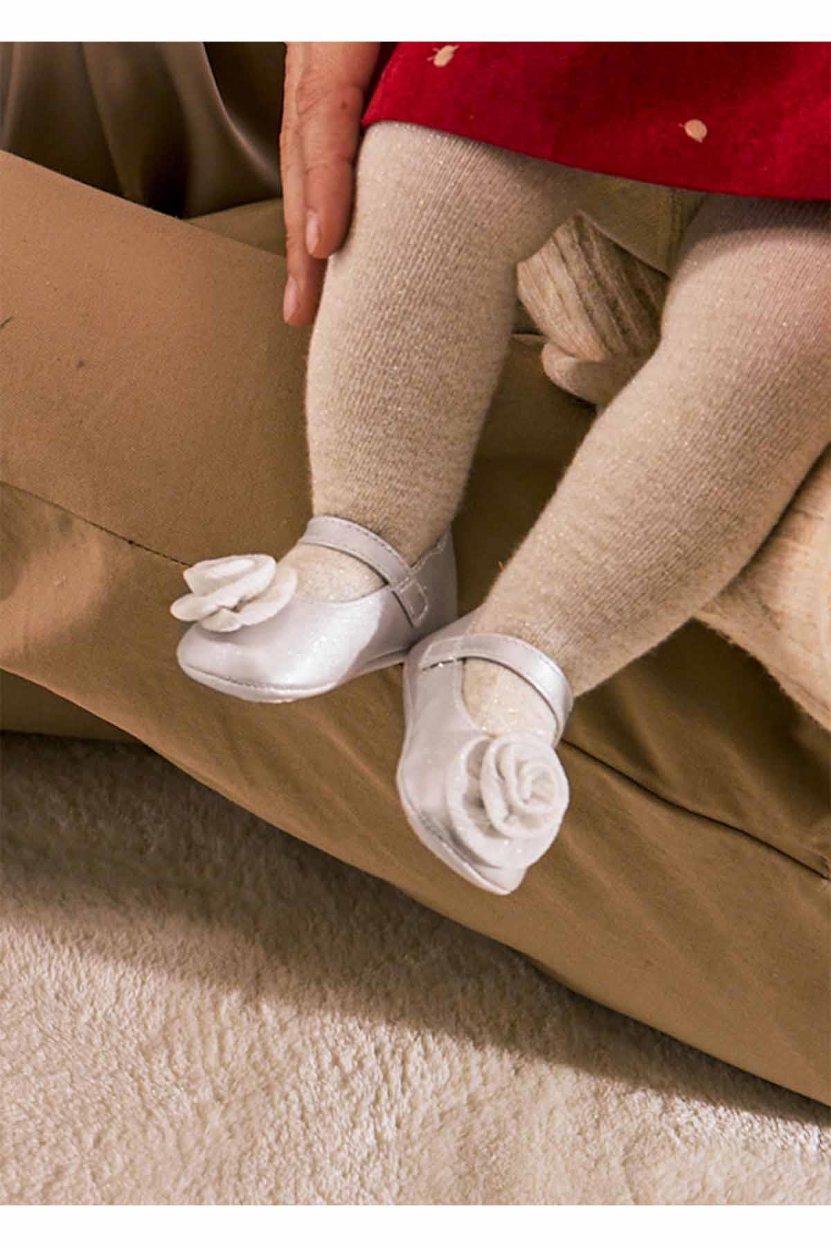 Mayoral Kışlık Kız Bebek Mary Jane - Çiçekli Ayakkabı Patik - Beyaz