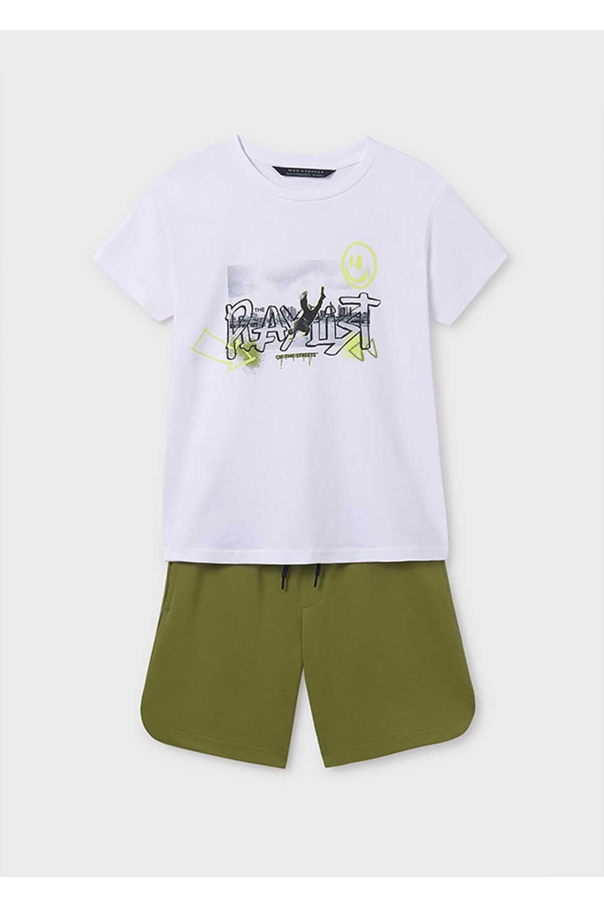 Mayoral Yazlık Erkek Çocuk Yeşil Yemalı Baskılı T-Shirt Şort 2'li Takım - Beyaz