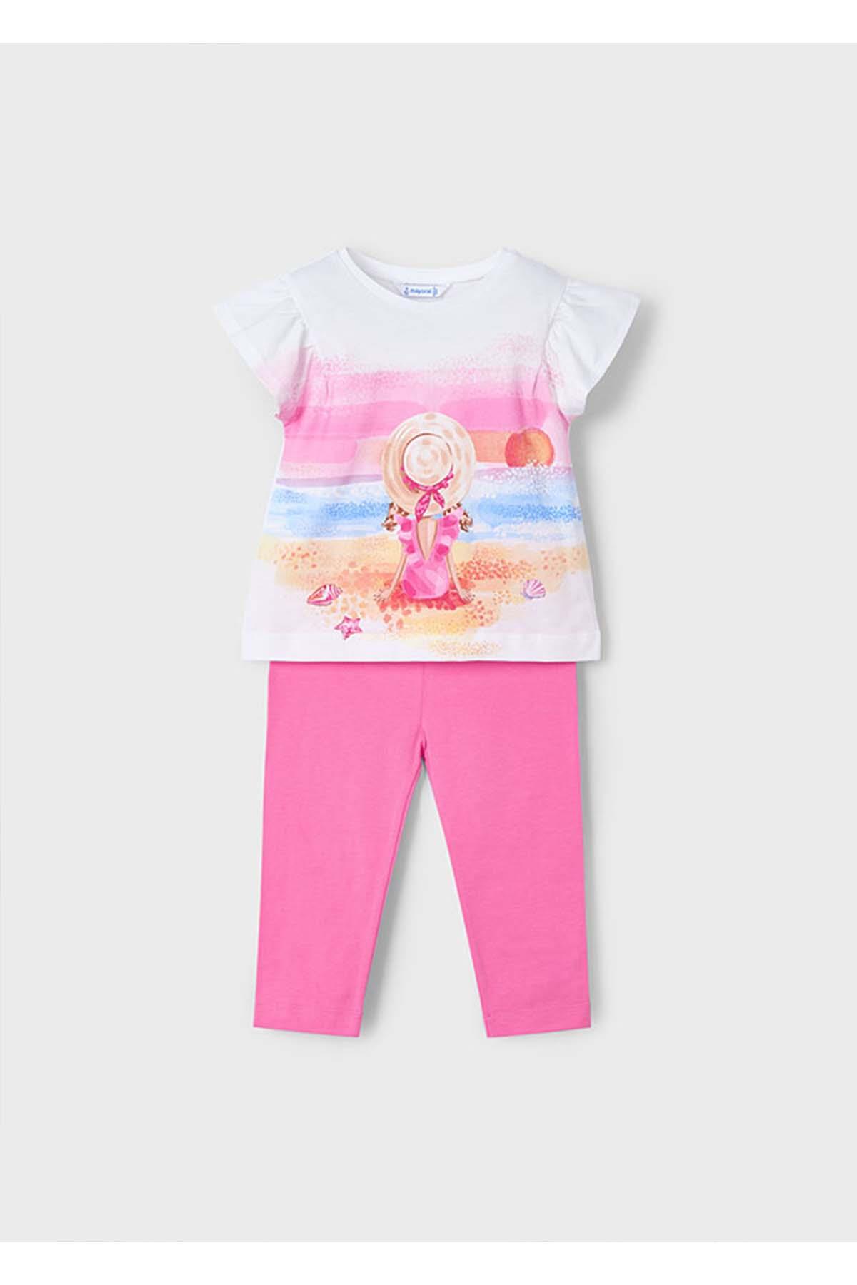 Mayoral Yazlık Kız Çocuk Baskılı T-Shirt Kapri Tayt Takım- Pembe