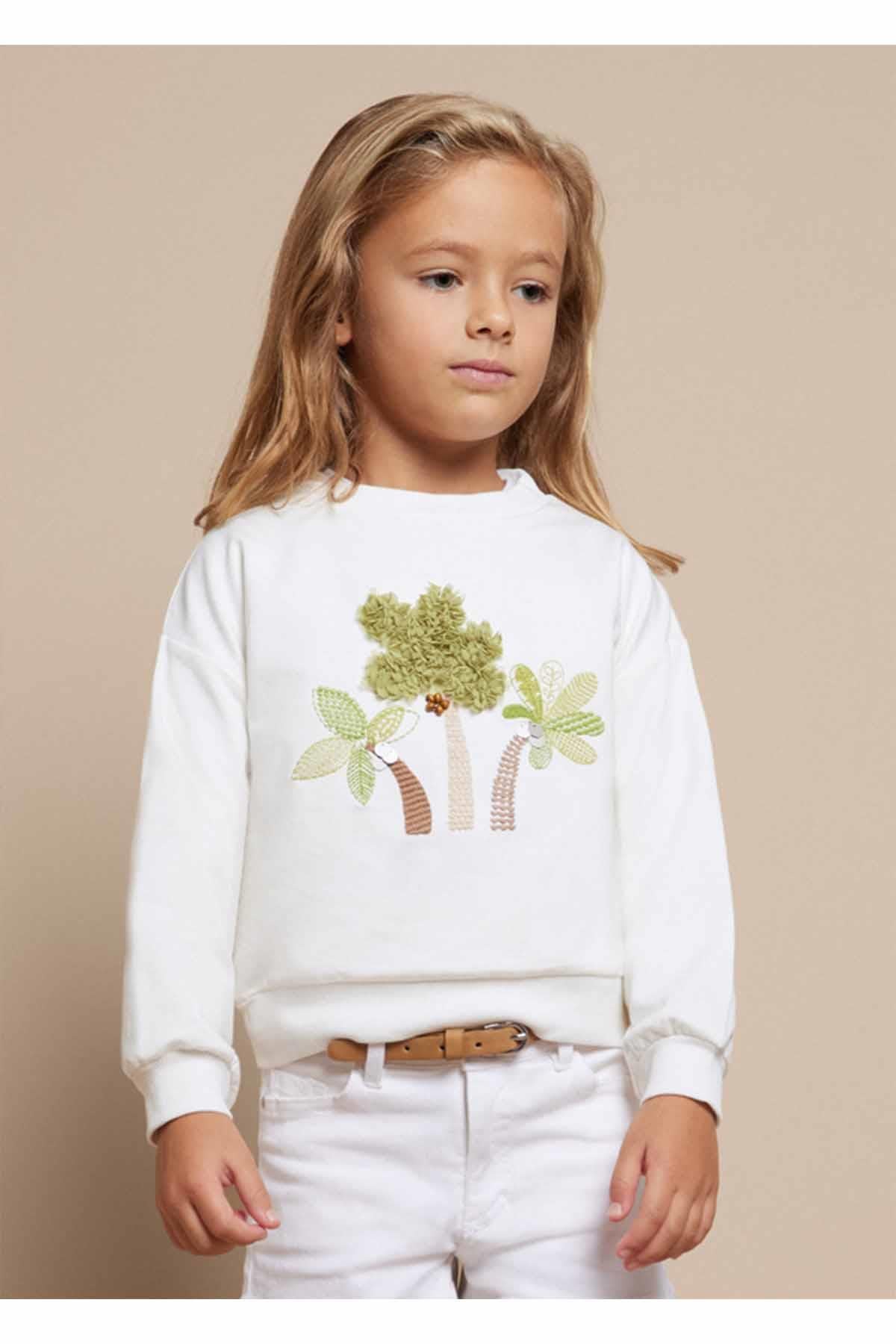 Mayoral Yazlık Kız İşlemeli Uzun Kol Sweatshirt Krem