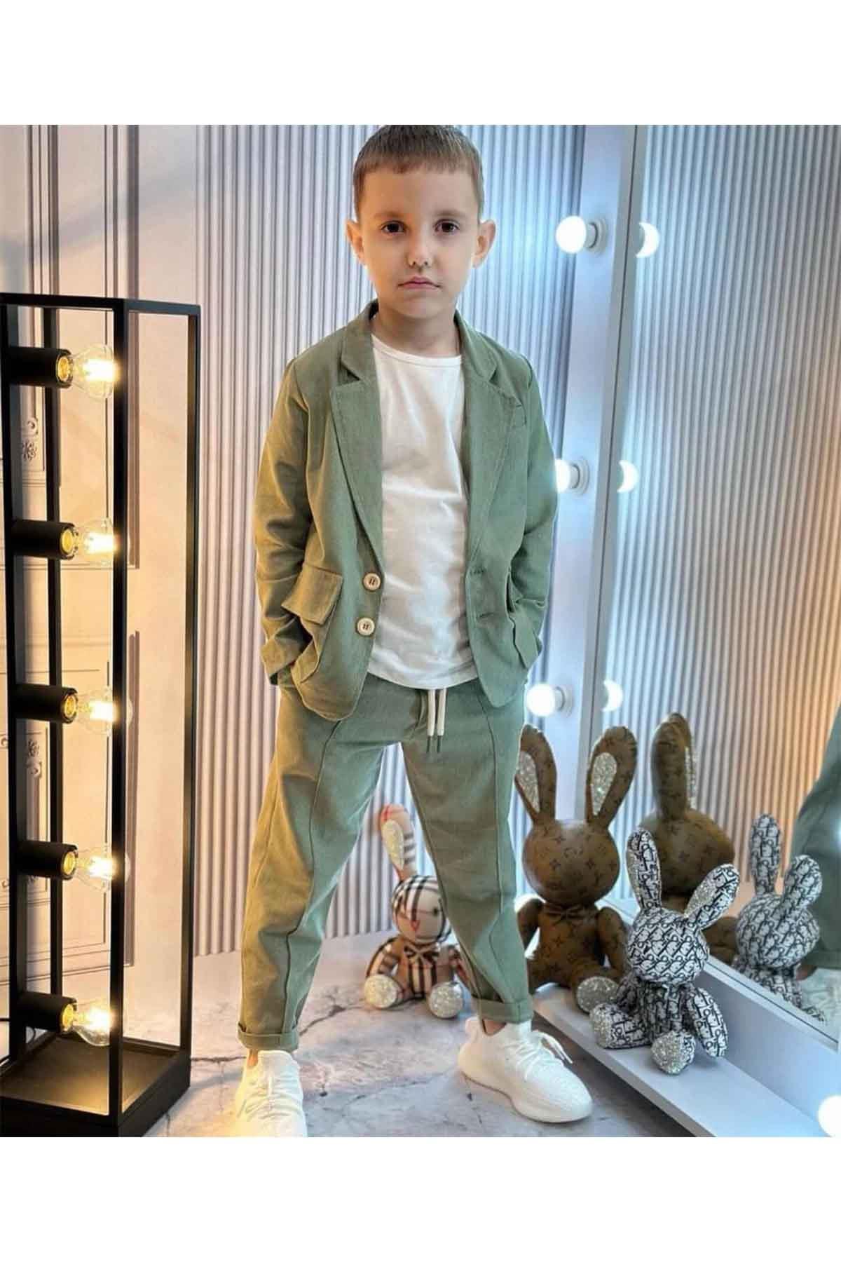 Naturel Erkek Çocuk Keten 3'lü Keten Takım - Haki