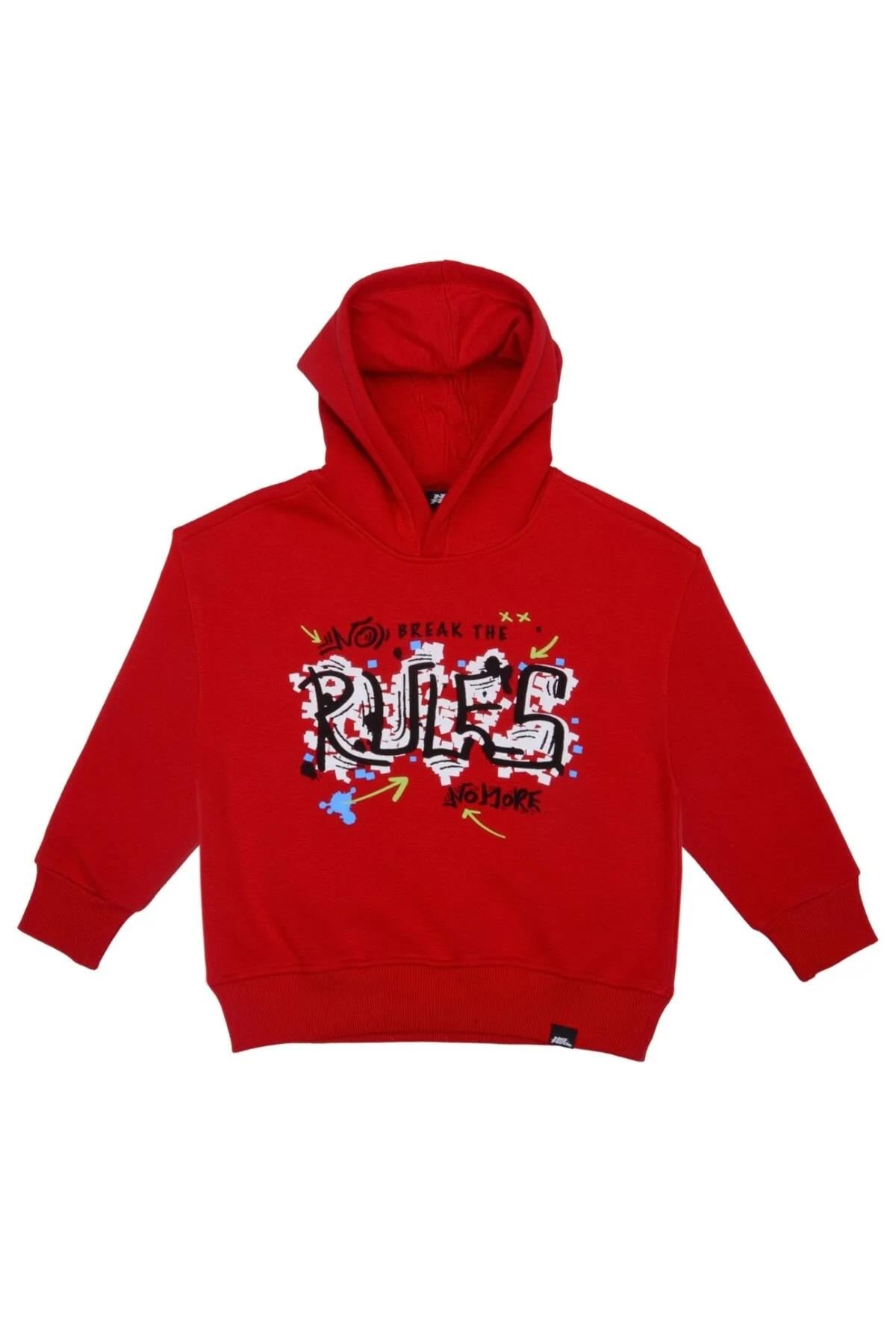 No Fear Erkek Çocuk Baskılı ŞARDONLU Kapişonlu Sweatshirt - Kırmızı