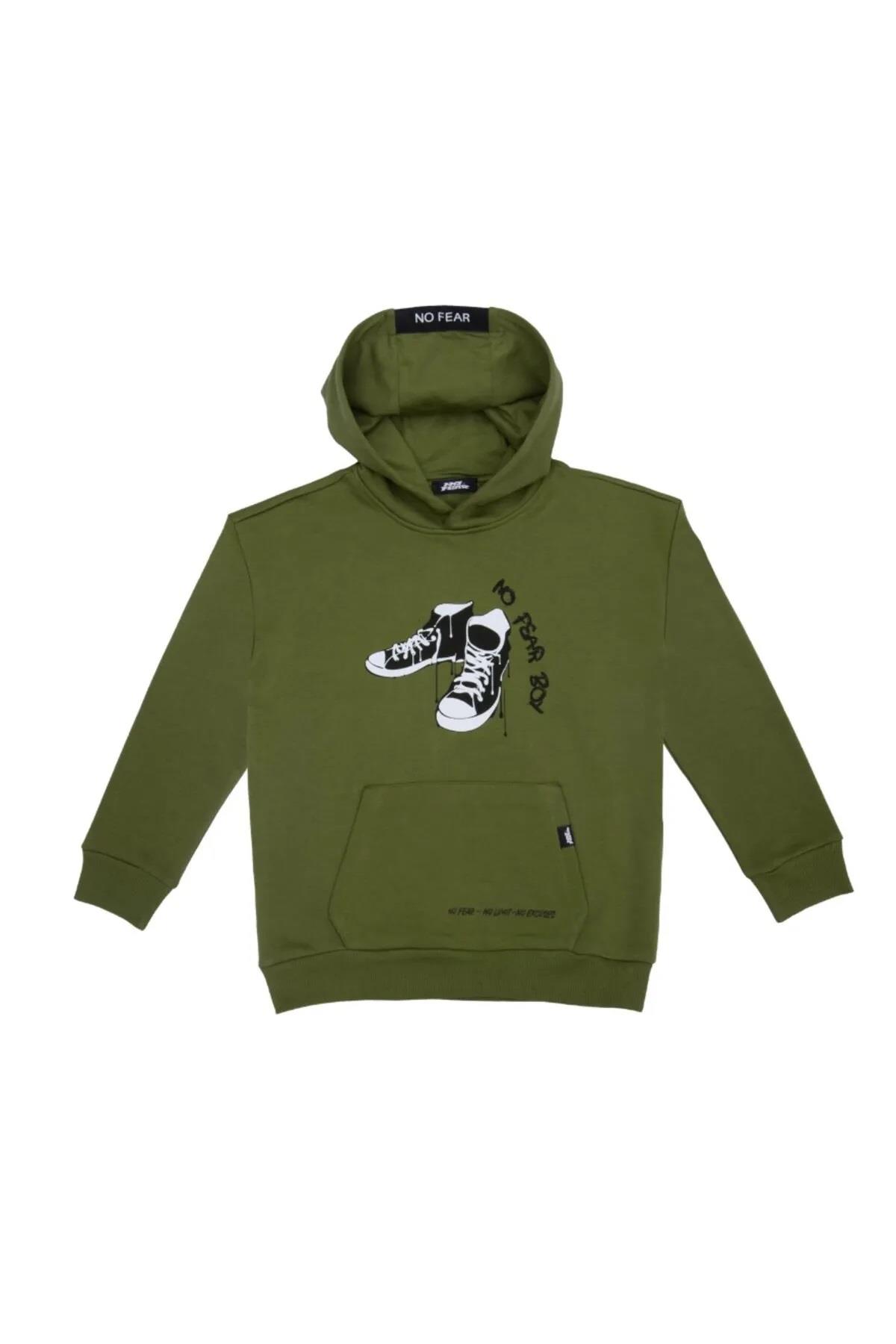 No Fear Erkek Çocuk Kapişonlu Baskılı Sweatshirt - Askeri Yeşil