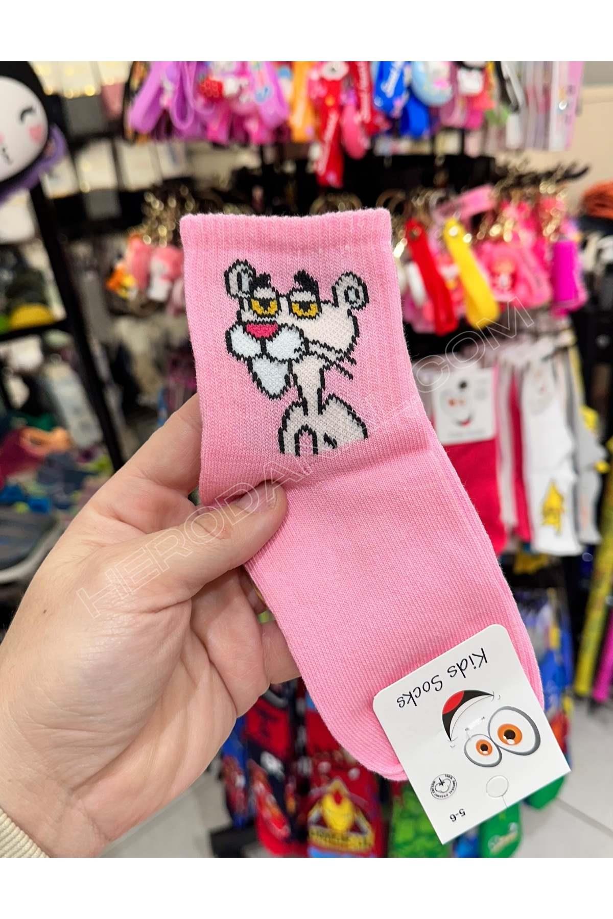 Pembe Panter Soket Çocuk Çorap - Siyah