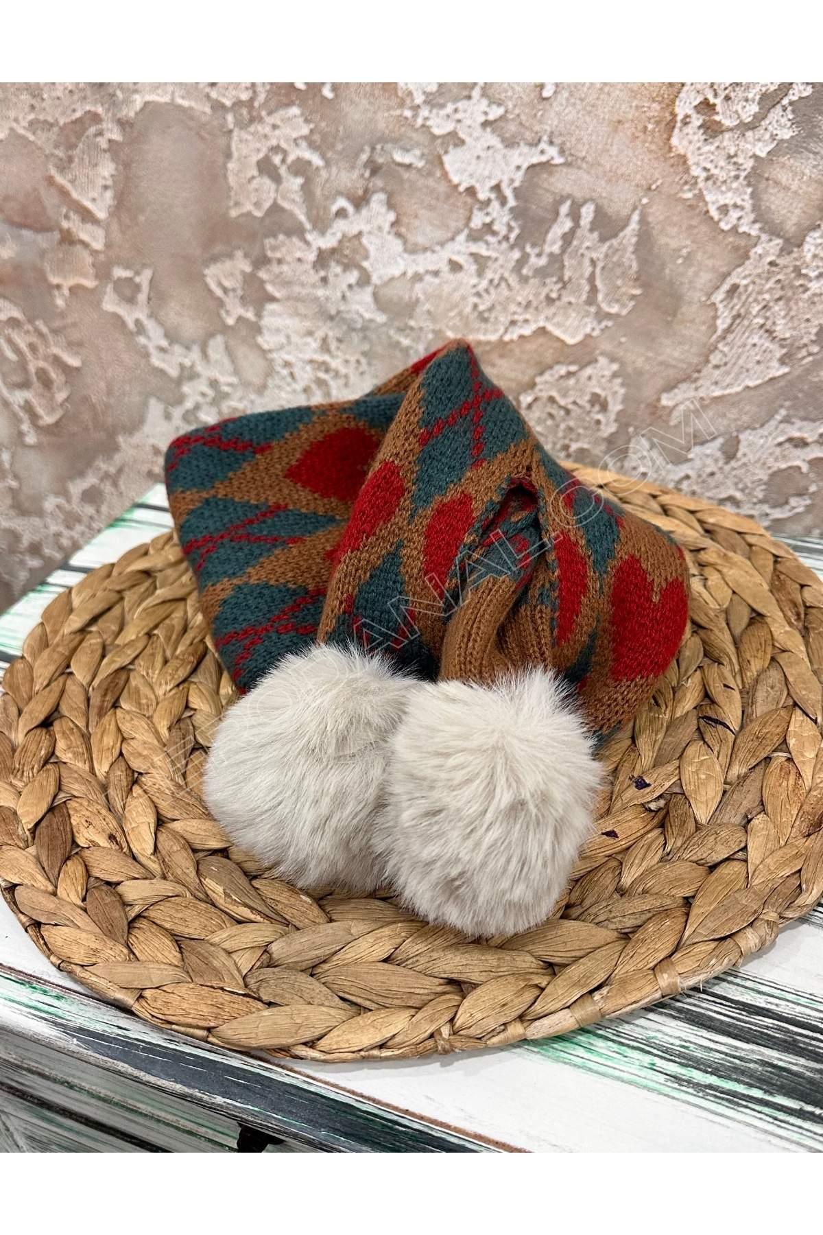 Ponponlu Geçmeli Atkı Boyunluk - Kalpli - İndigo Mavi & Kırmızı