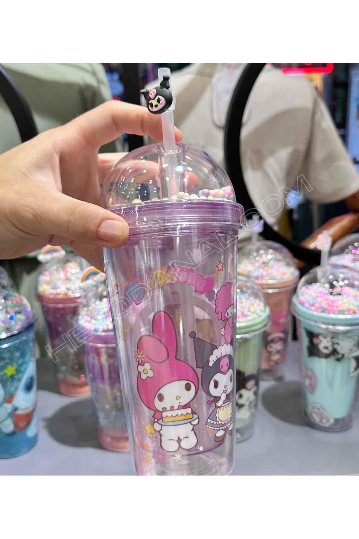 Sanrio Kuromi Pipetli Fenomen Bardak - Pembe Şeffaf