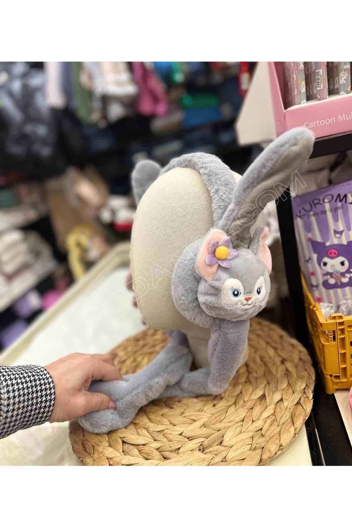 Sevimli Tavşanı Oynar Sesli Peluş Kulaklık - Gri