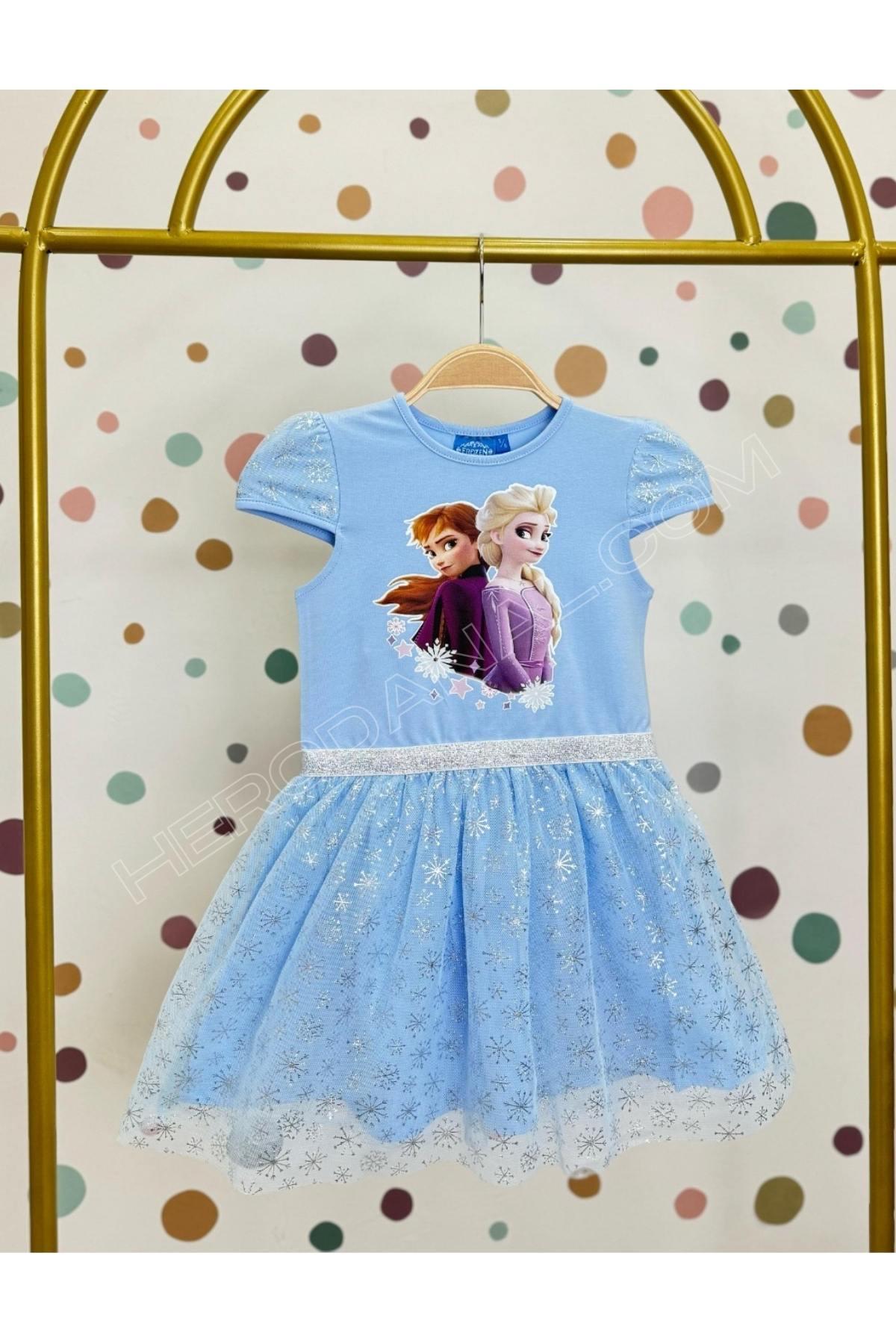 Tütülü Penye Baskılı Elbise Elsa - Mavi