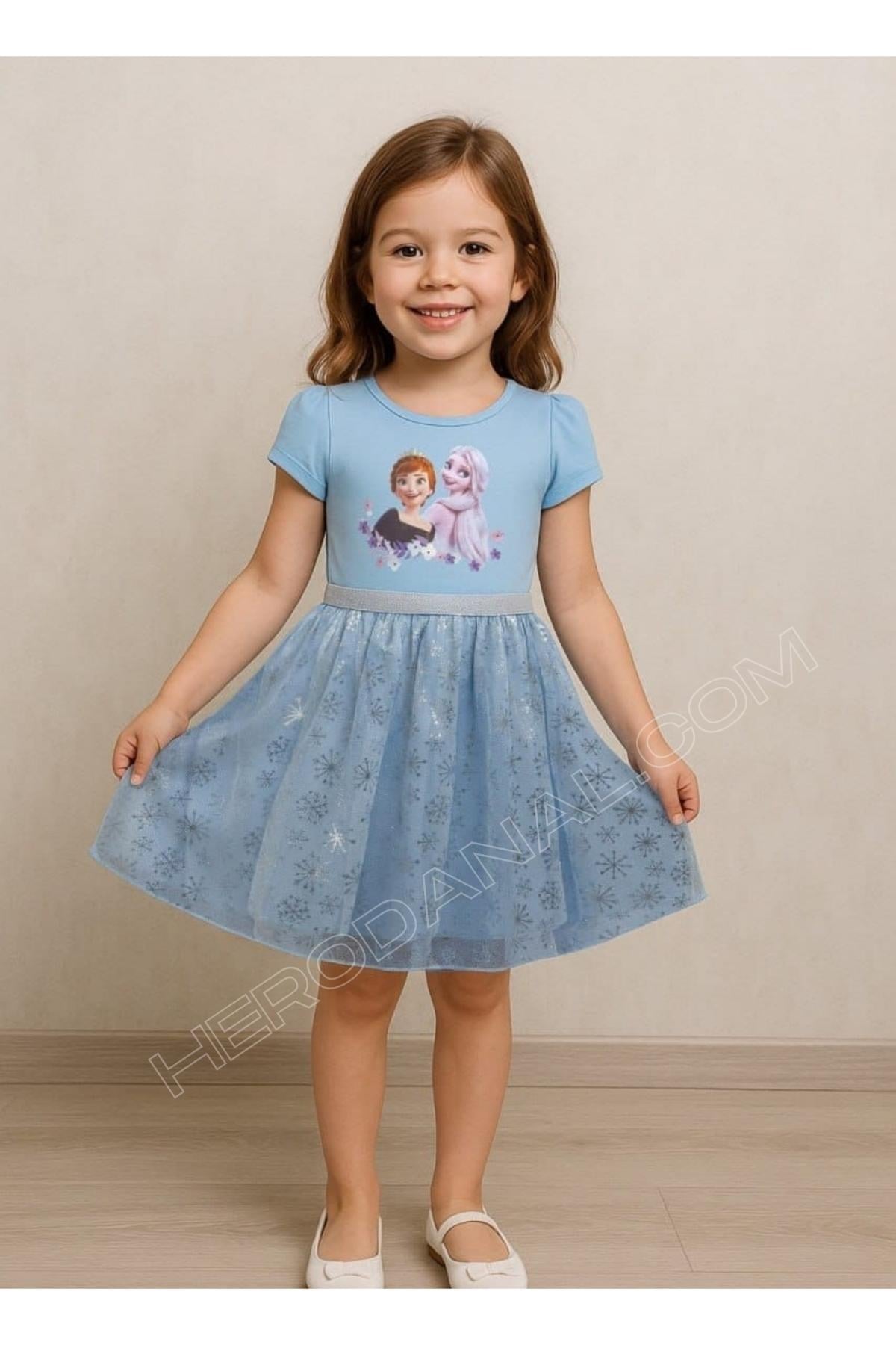 Tütülü Penye Baskılı Elbise Elsa - Model 2 - Mavi