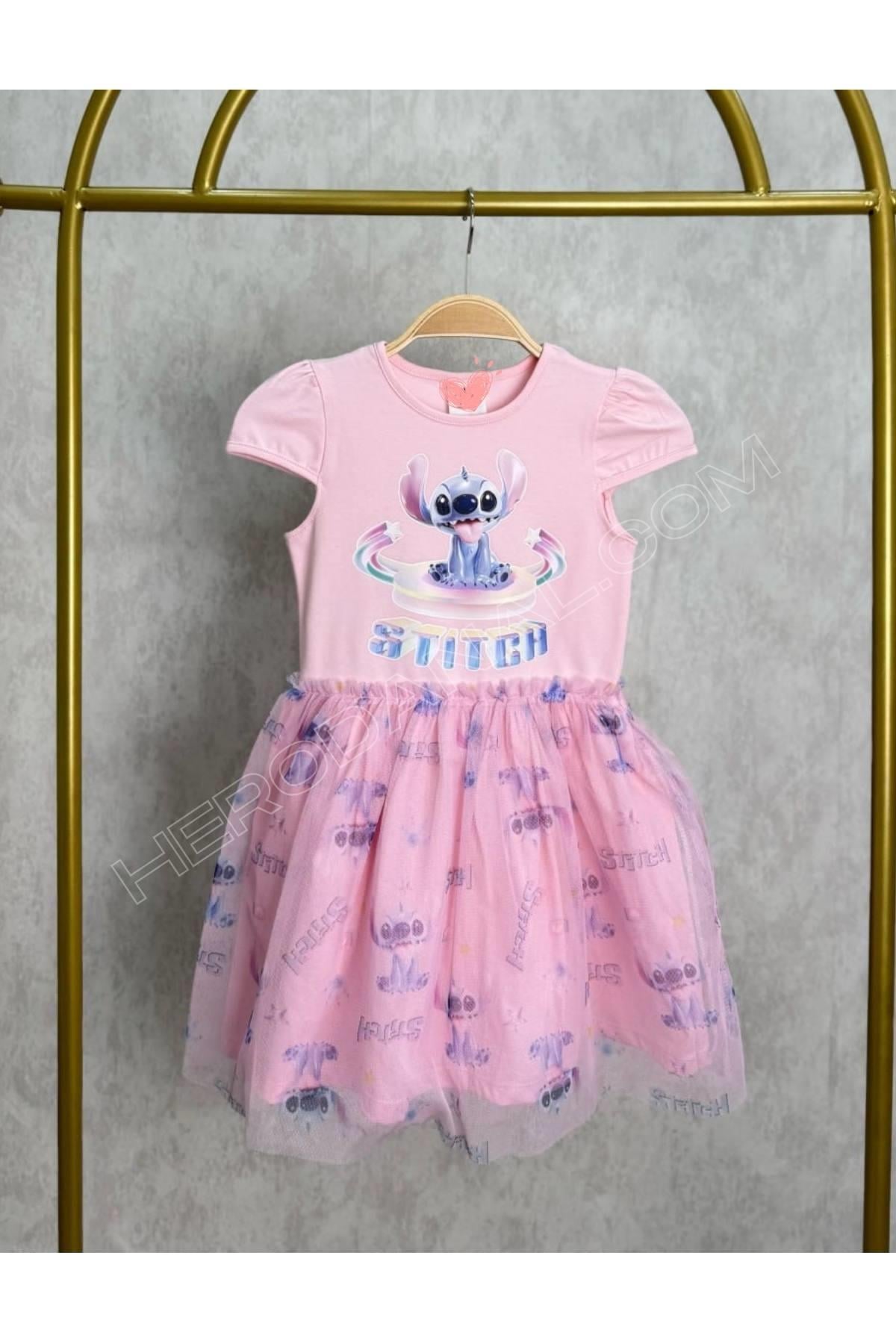 Tütülü Penye Baskılı Elbise Stitch - Pembe