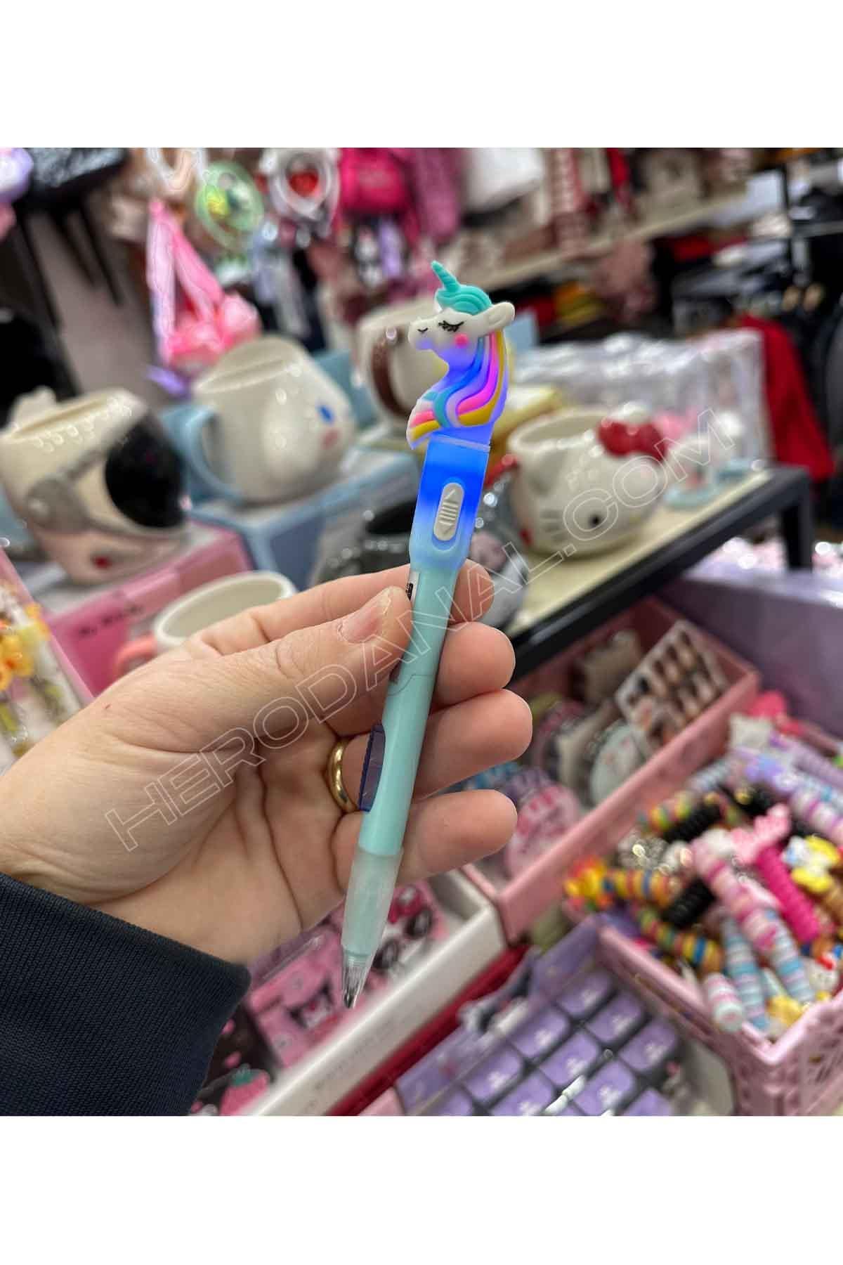 Unicorn Tasarımlı Işıklı Uçlu Kalem - Mavi
