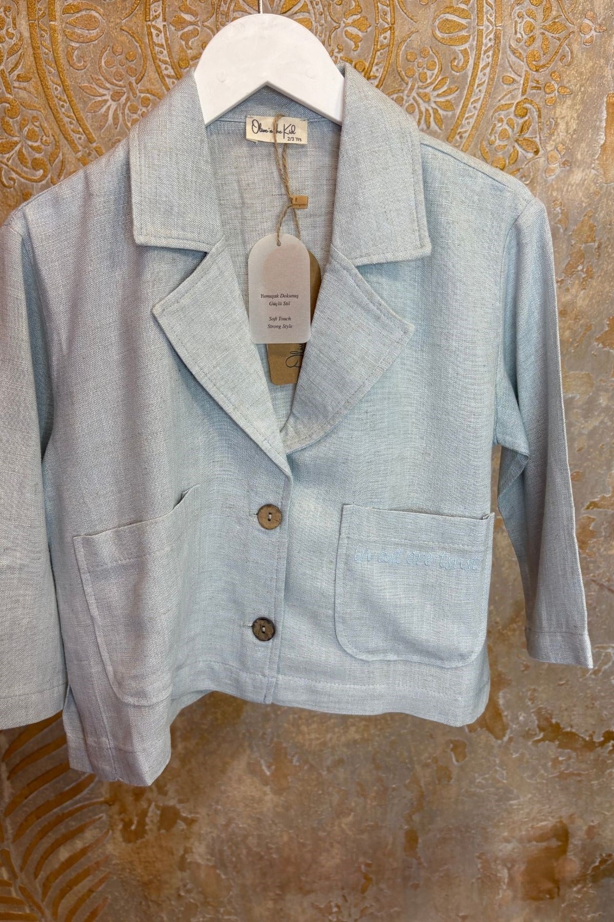 Üniseks Çocuk Naturel Keten Oversize Ceket-Mavi