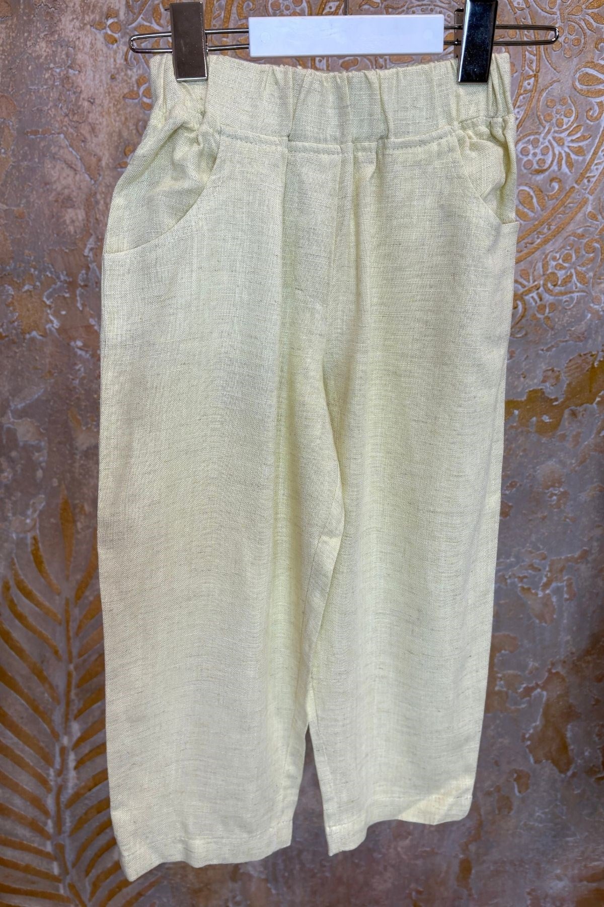Üniseks Çocuk Naturel Keten Pantolon-Sarı